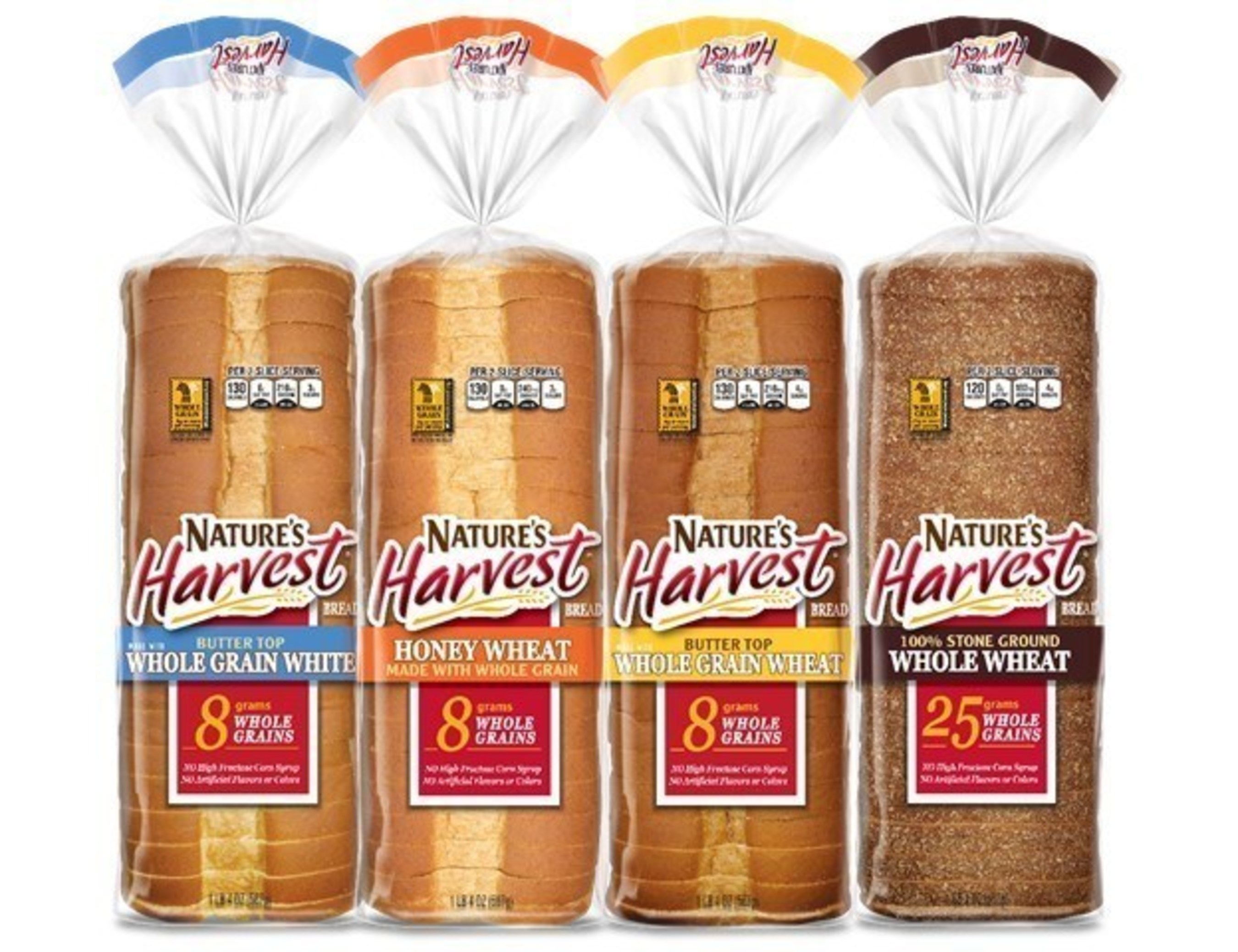 Nature's Harvest Bread Varieties: 100% Stoneground Whole Wheat, Honey Wheat Made with Whole Grain Bread, Butter Top Made With Whole Grain White Bread, Butter Top Made with Whole Grain Wheat Bread