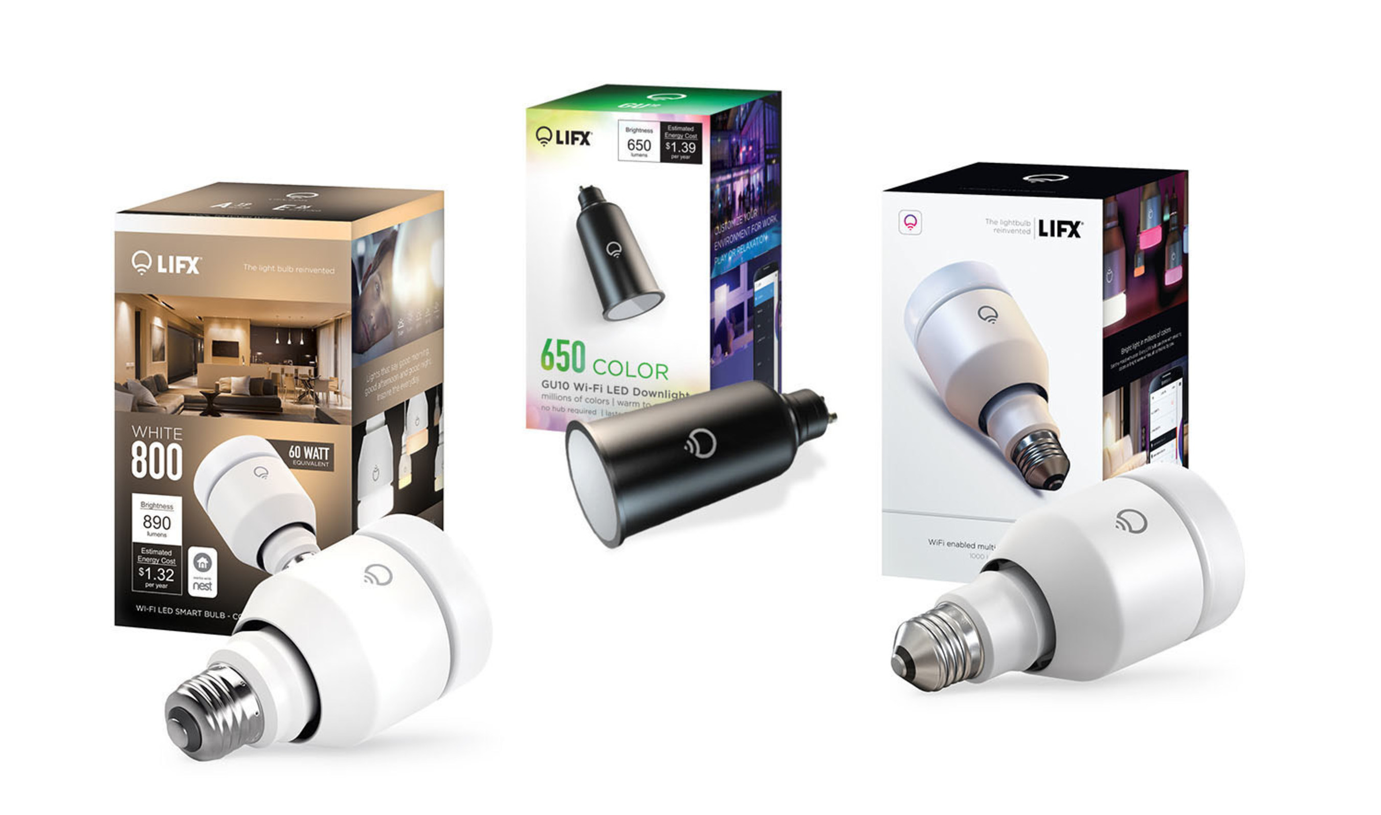 The LIFX LED smart bulb range now includes A19, A21 and GU10 Downlight form factors, all with LIFX's signature hassle-free Wi-Fi connectivity - no hub required.