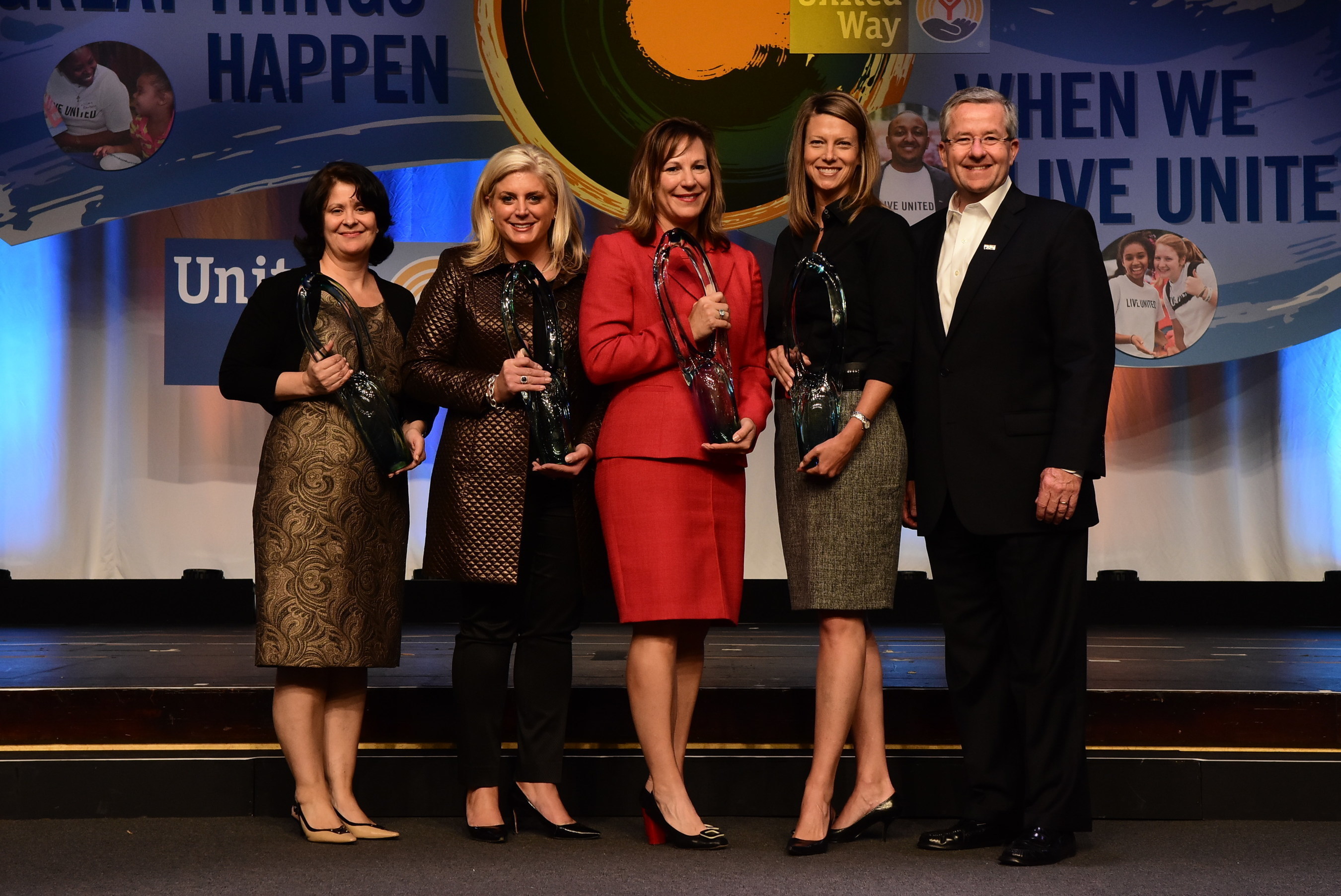 United Way Worldwide Honors Recognition Award recipients (from left): Laura Johns, Director Corporate Relations, The UPS Foundation; Mara Sovey, President, The John Deere Foundation; Laura MacNeil, Executive Vice President, Wells Fargo; Jenny Lewis, Vice President, Kimberly-Clark Foundation; and Brian Gallagher, President and Chief Executive Officer, United Way Worldwide