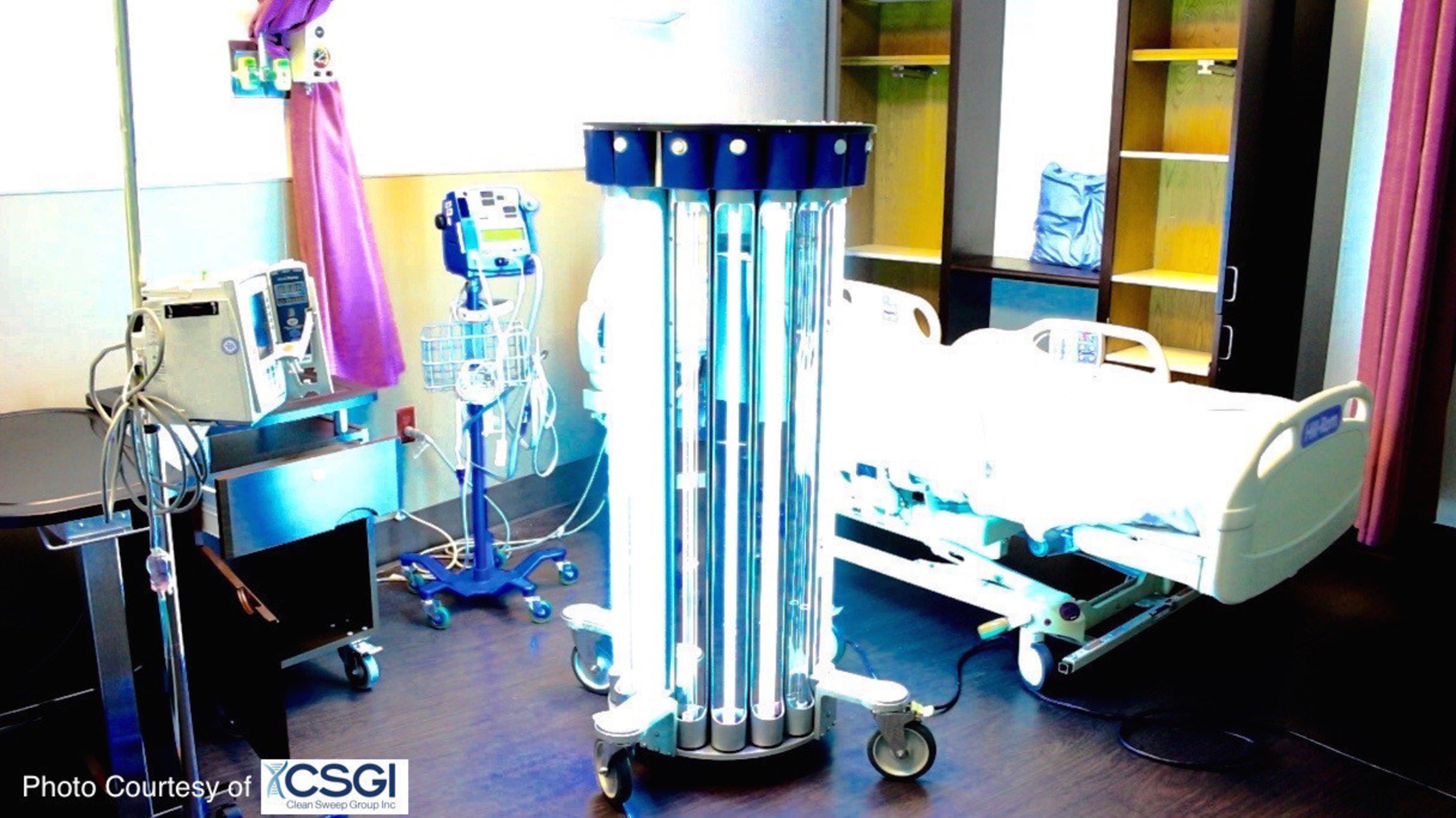 The world's most powerful UV-C emitter at work killing harmful bacteria, viruses and spores in a patient's hospital room.  CSGI's service uses this technology and their proprietary risk management software to make any room 99.9999% "germ free" for the next patient occupant.