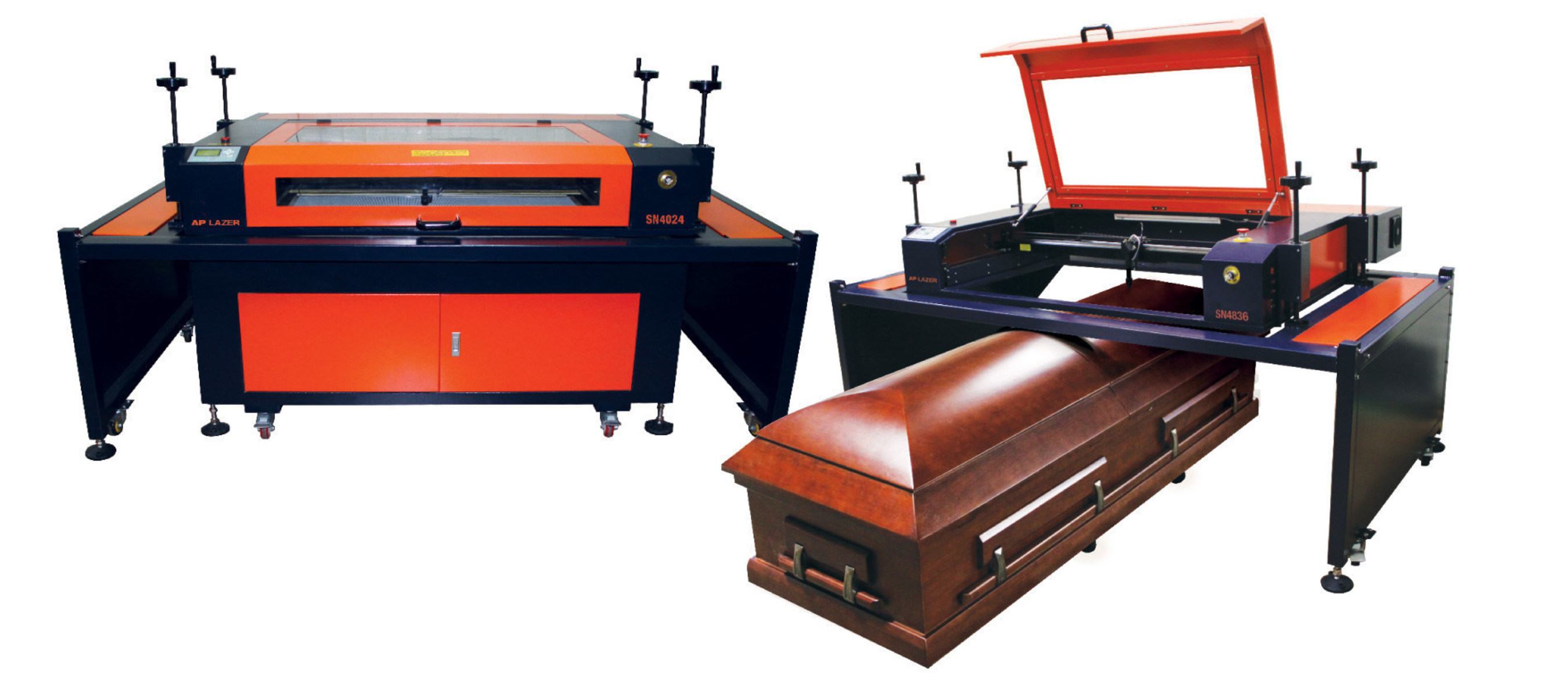 The patented AP Lazer machine, with an open architecture, can engrave from a pen to a casket or a granite monument.