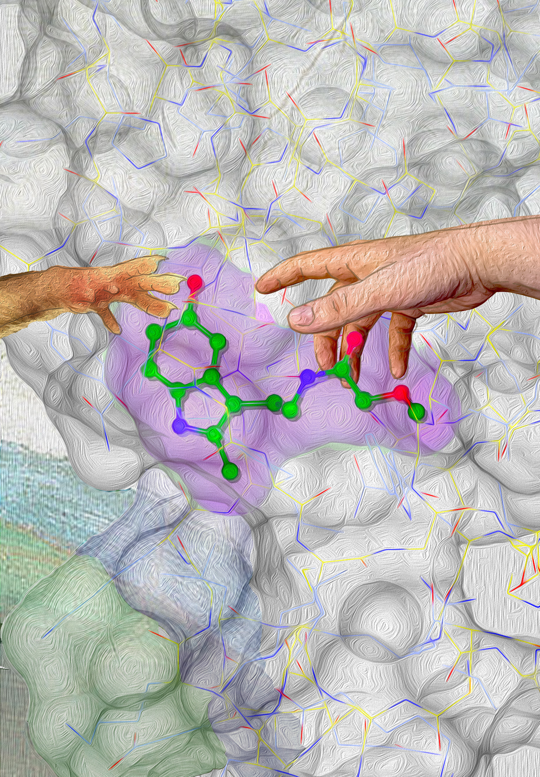 "Reverse engineering" the BH4 pathway reveals sepiapterin reductase (SPR) as a new target for analgesic treatments. This take on Michelangelo's famous Sistine Chapel image symbolizes the link between human pain patients and the mouse model: The lab-designed SPR inhibitor (in green), shown within the active pocket of SPR itself (in gray with its atomic structure in colored lines), is the "bridge" between the two species.  Image: Alban Latremoliere.