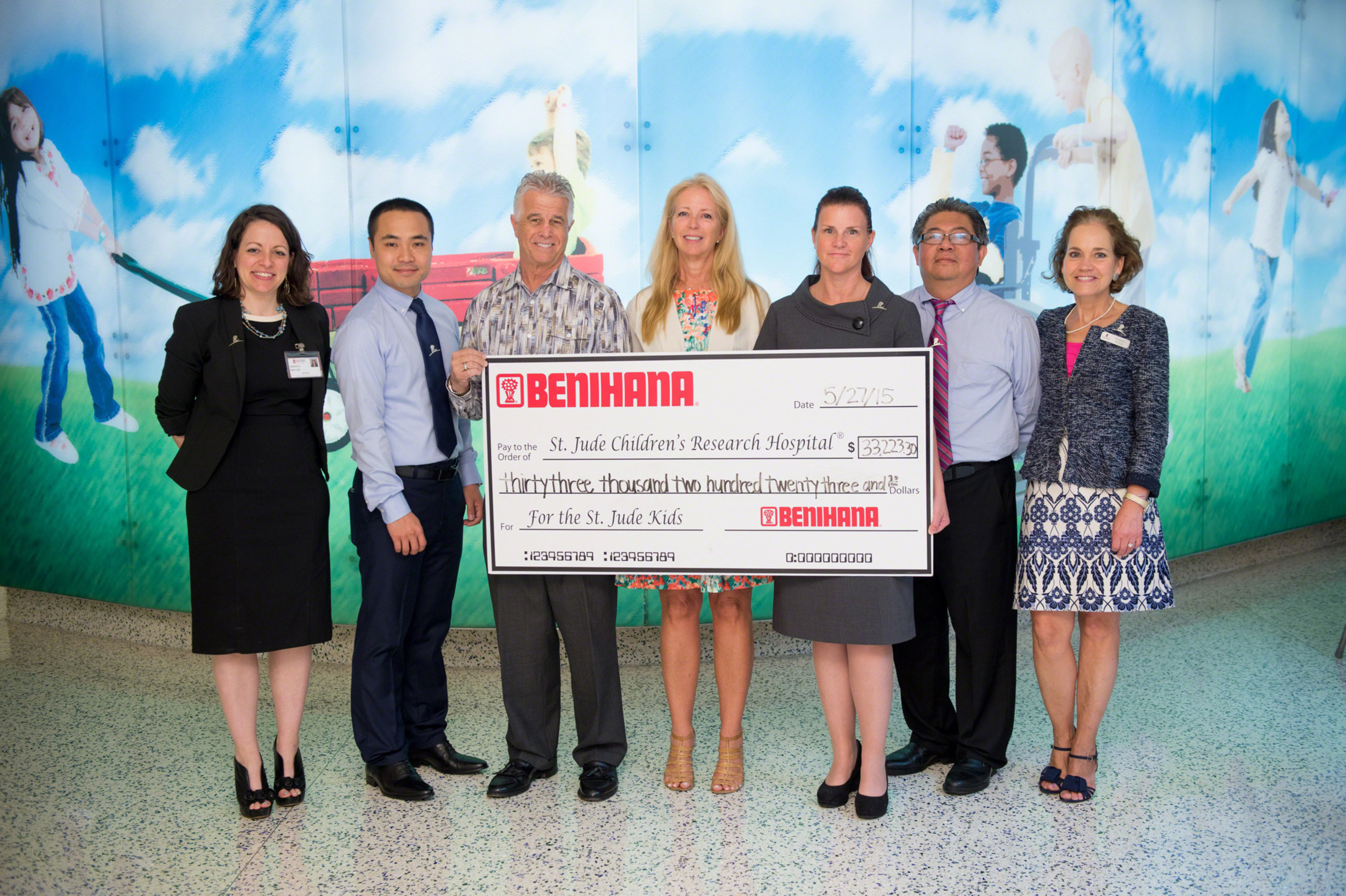 Benihana Inc. presented St. Jude Children's Research Hospital(R) with a donation of more than $33,000 on May 27. The contribution was made possible through funds raised by the 2015 "Children Helping Children" coloring contest, part of the Children's Day program that culminated May 5.