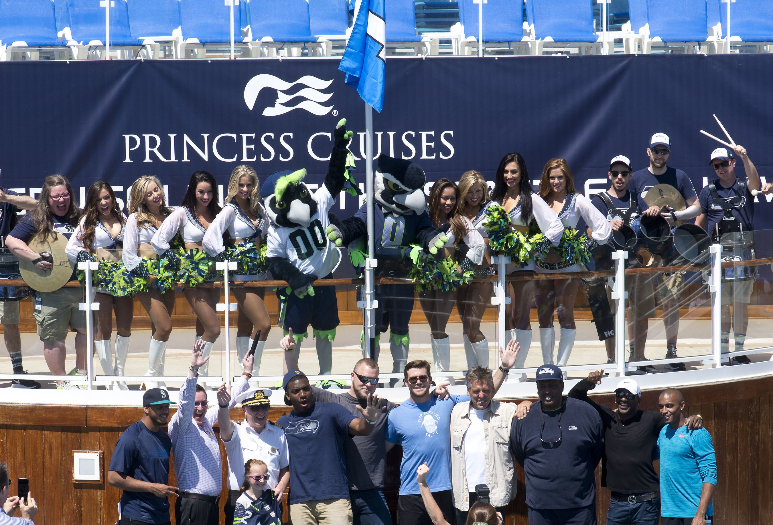 Seattle Seahawks players and alumni were joined by the SeaGals and Blue Thunder to fire-up fans before Princess Cruises "Sail with the 12s" fan cruise departed from the Port of Seattle.