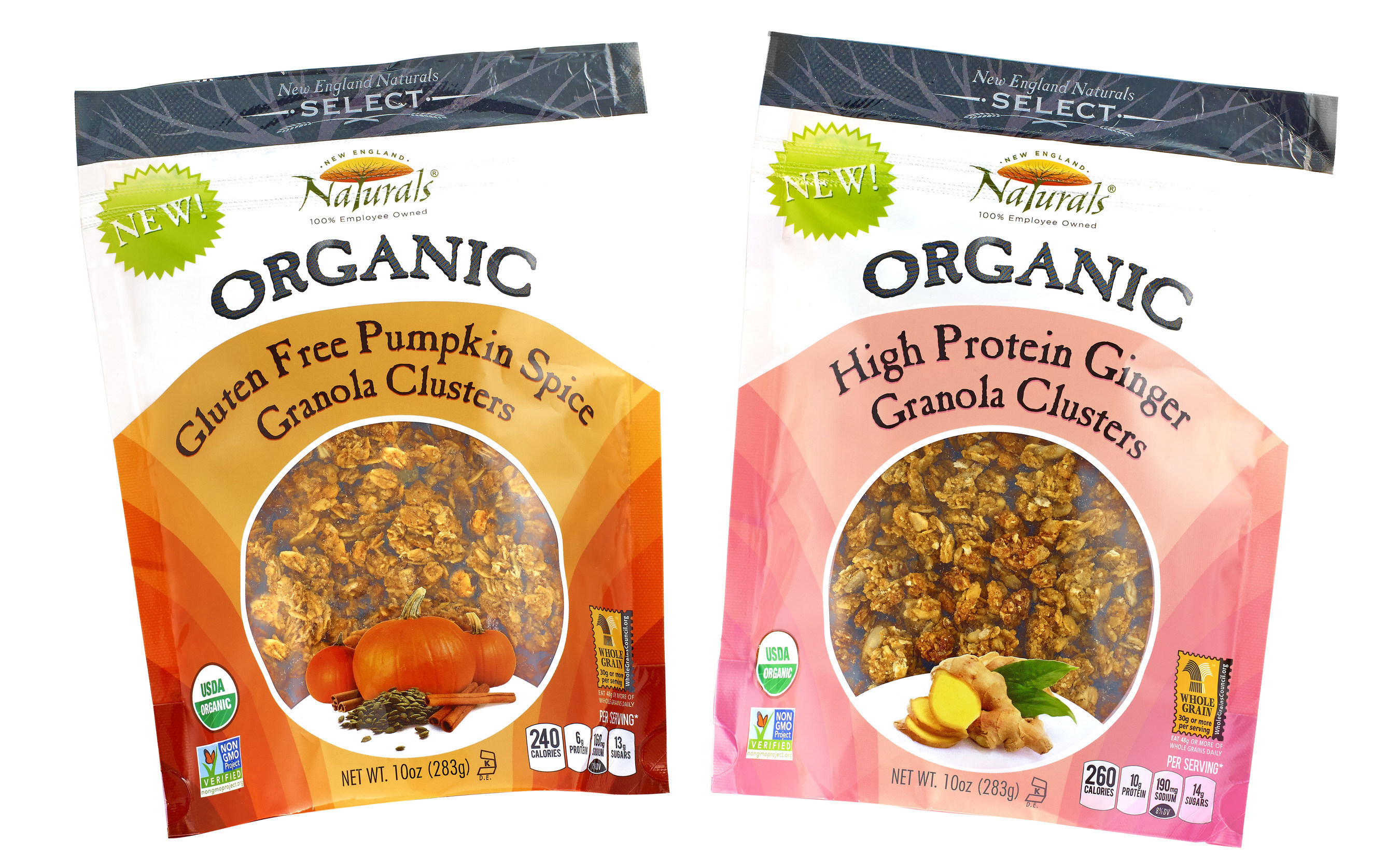 New England Natural Bakers: Gluten Free Pumpkin Spice Granola Clusters and High Protein Ginger Granola Clusters