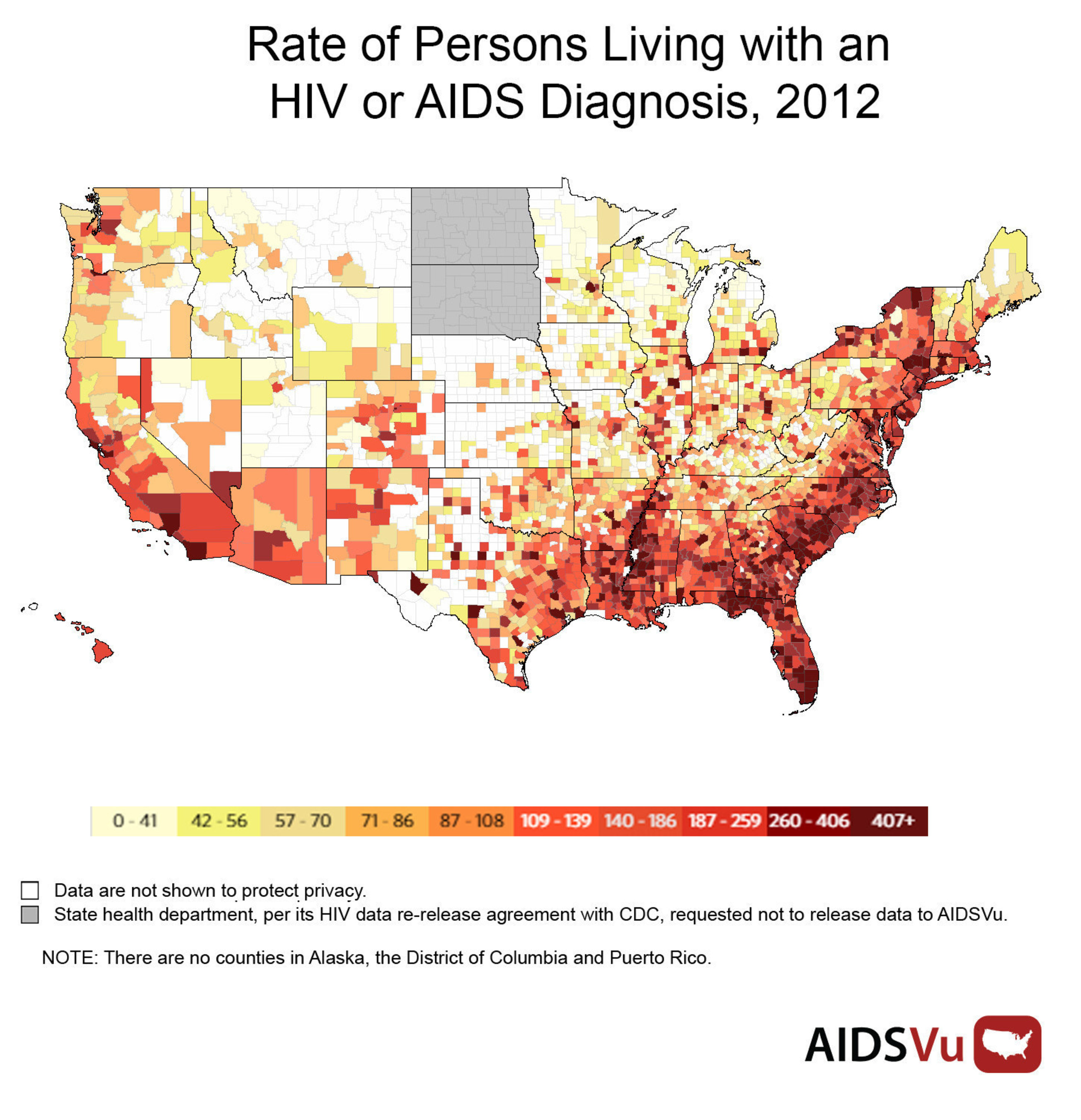 AIDSVu is a free, interactive online site that provides the most detailed publicly available view of HIV in the United States. It displays HIV prevalence and new diagnosis data at national, state, and local levels, and by different demographics, including age, race, and sex. www.AIDSVu.org
