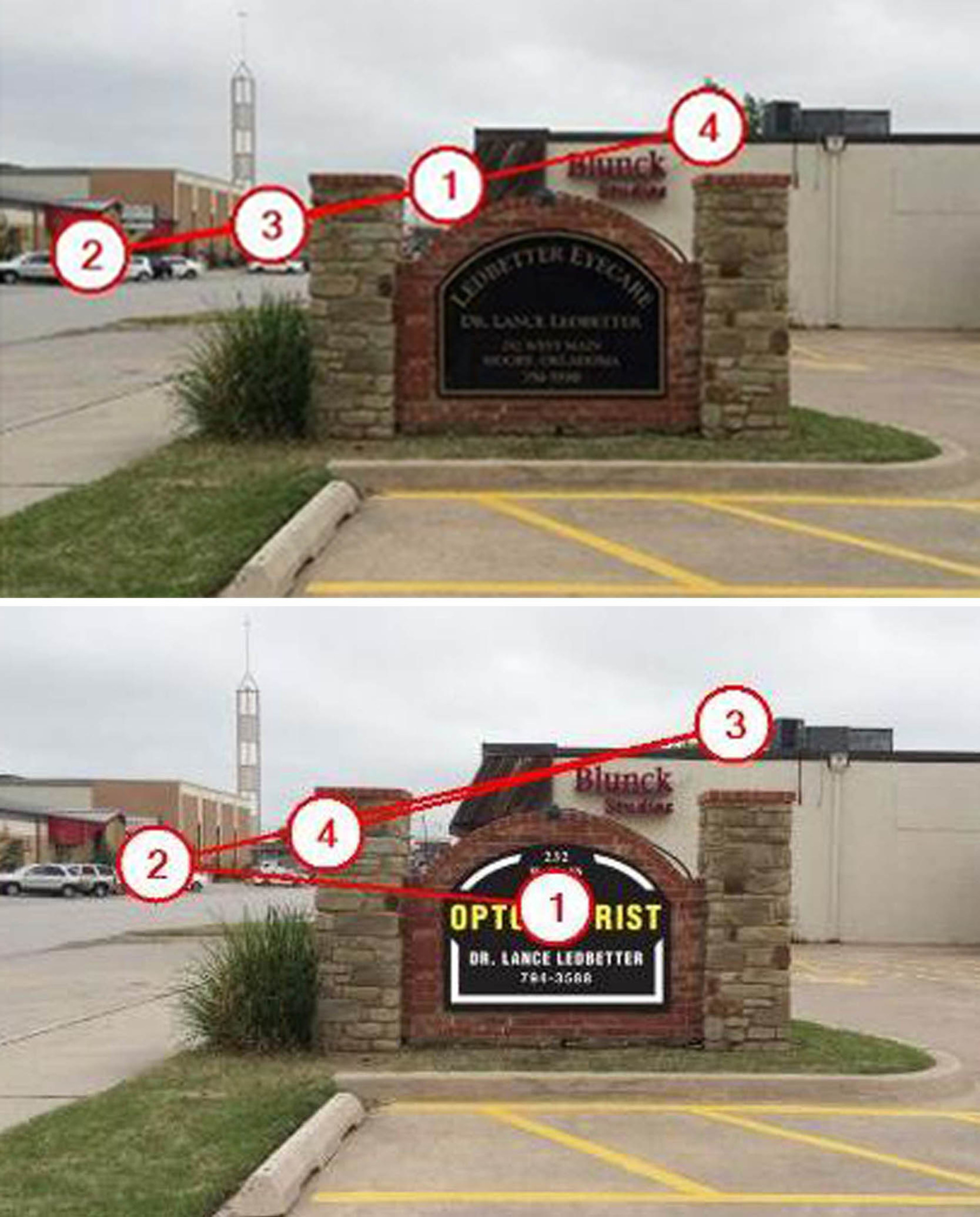 FASTSIGNS used 3M Visual Attention Software to analyze the graphic on an existing monument sign. The top image shows the "before" and the visual priority in the order that an eye is likely to go. The bottom image shows how the update to the sign could increase the chance that the sign will be noticed.