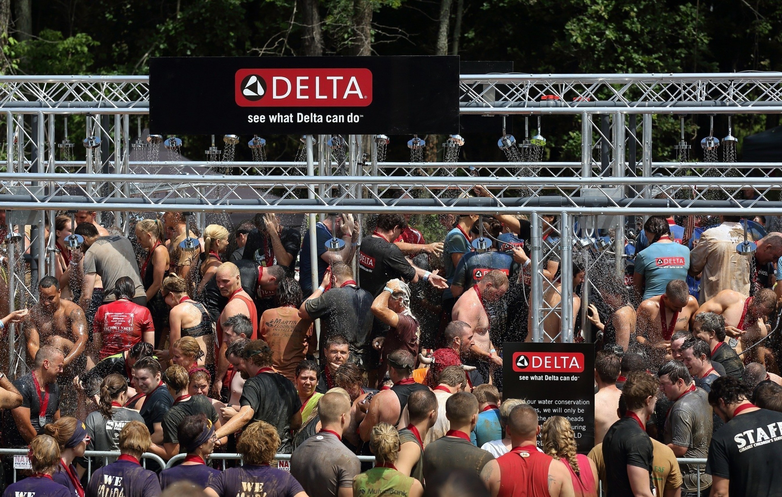 Delta Faucet earns GUINNESS WORLD RECORDS title for most people showering simultaneously at the Indiana Warrior Dash event on Saturday, June 27, 2015 in Crawfordsville, Ind. (Photo by Steven Mitchell/AP Images for Delta Faucet Company)
