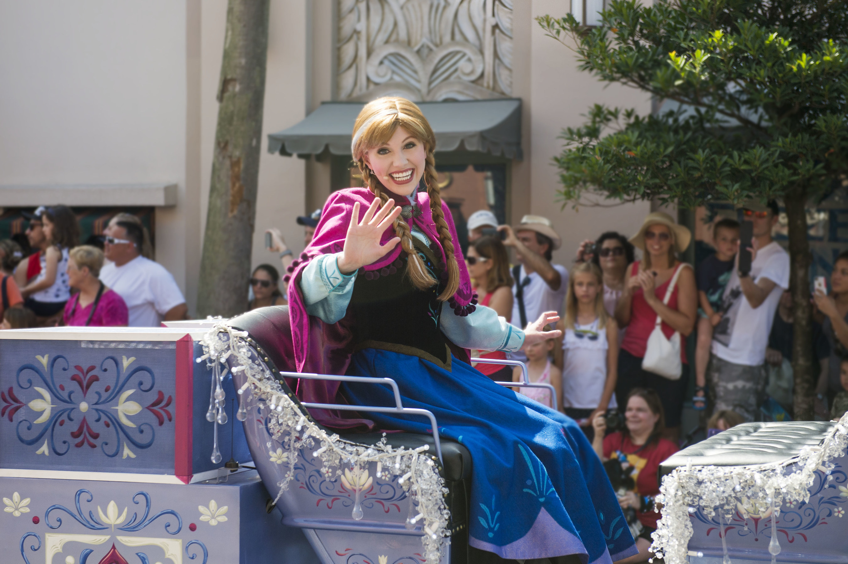 Twice each day, from June 17 through Sept. 7, Anna, Elsa and Kristoff from Disney's "Frozen" take part in a festive cavalcade throughout Hollywoodland, accompanied by the Royal Arendelle Flag Corps and a flurry of skaters, skiers and ice cutters, along with lovable snowman, Olaf. It's all part of "Frozen" Summer Fun, now at Disney's Hollywood Studios, one of four theme parks at Walt Disney World Resort in Lake Buena Vista, Fla. (Chloe Rice, photographer)