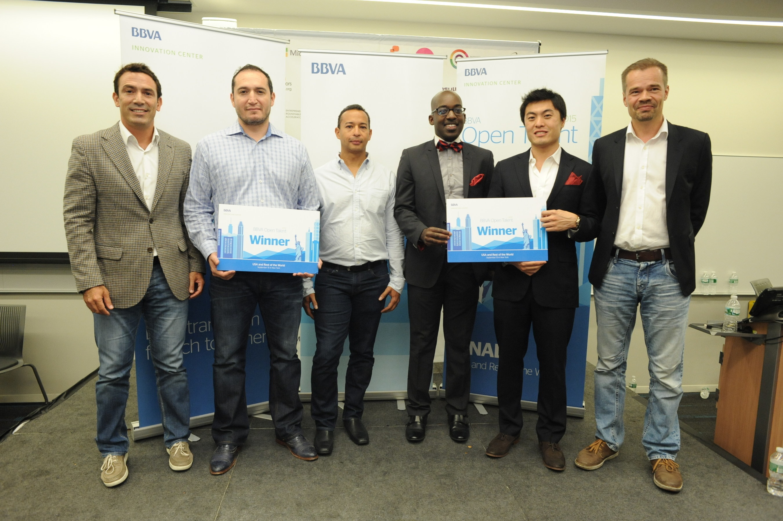 (l-r) Director of Innovation Centers and Open Innovation at BBVA Gustavo Vinacua, LendingFront CEO and co-founder Jorge Sun, LendingFront CTO and co-founder Dario Vergara, ModernLend co-founder Kobina Ansah, ModernLend co-founder Shuo Zhang, BBVA Chief Development Officer and General Manager of New Digital Businesses Teppo Paavola