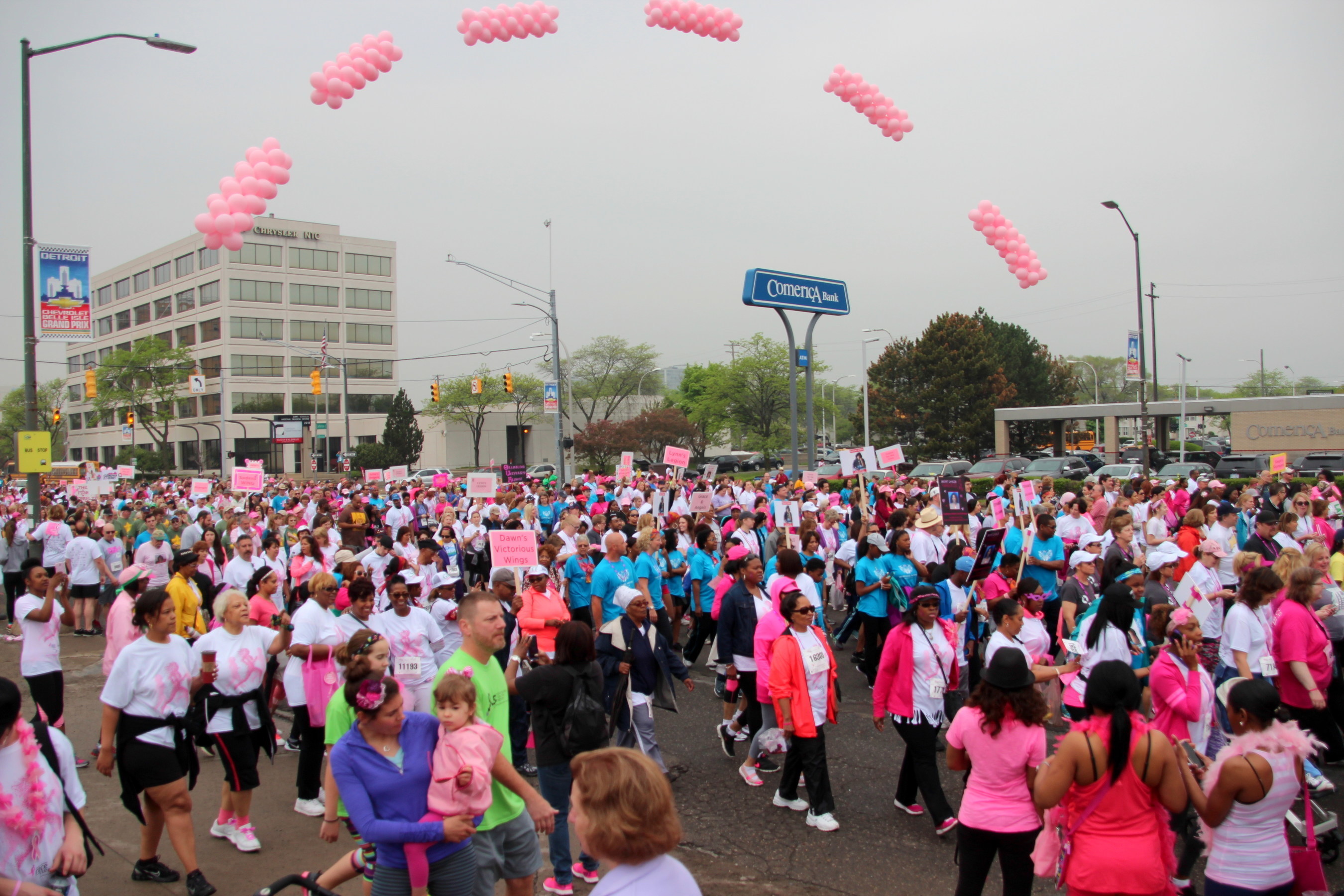 The Komen Detroit Race for the Cure, locally presented by the Karmanos Cancer Institute, announced its fundraising accomplishments from the 2015 Race held in May. Of the net proceeds of more than $1.1 million, $918,436 was awarded to four local breast cancer education, screening and treatment programs serving southeast Michigan's Wayne, Oakland and Macomb counties; and an additional $275,830 went to the Susan G. Komen for the Cure Award and Research Grant Program to support innovative breast cancer research. More than 25,000 participated in the 2015 Detroit Race. The 25th annual Komen Detroit Race will be held in spring 2016. Photo credit: Courtesy of Komen Detroit Race for the Cure