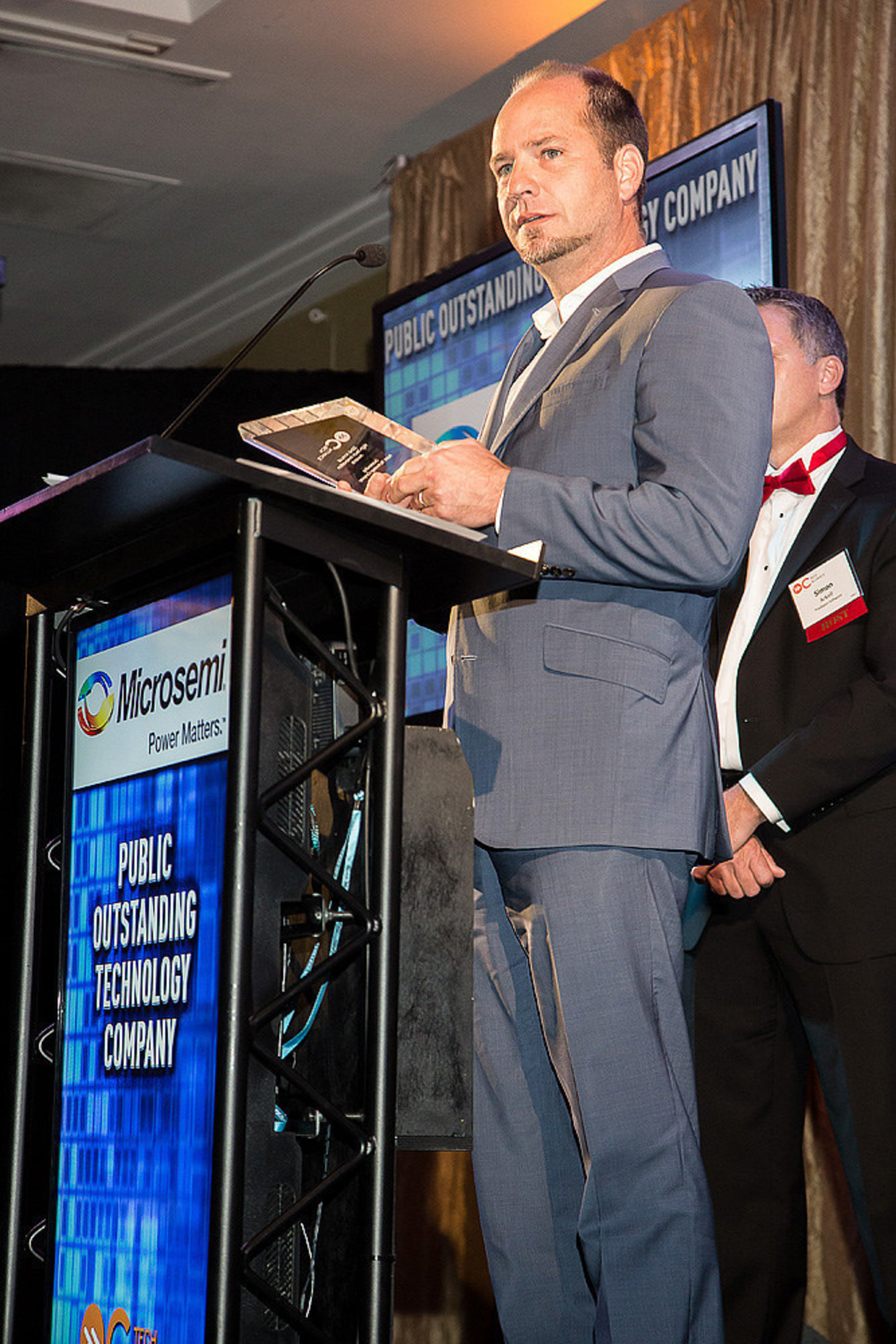 Microsemi's President and COO Paul Pickle accepts the company's 2015 "Outstanding Public Technology Company" award from the Orange County Tech Alliance. Microsemi was also the recipient of its "Enterprise Hardware & Device" award. OC Tech Alliance's 22nd Annual High-Tech Innovation Awards celebrate excellence and achievement in the region's technology industry, honoring local companies, individuals and products that drive innovation in Orange County, California.