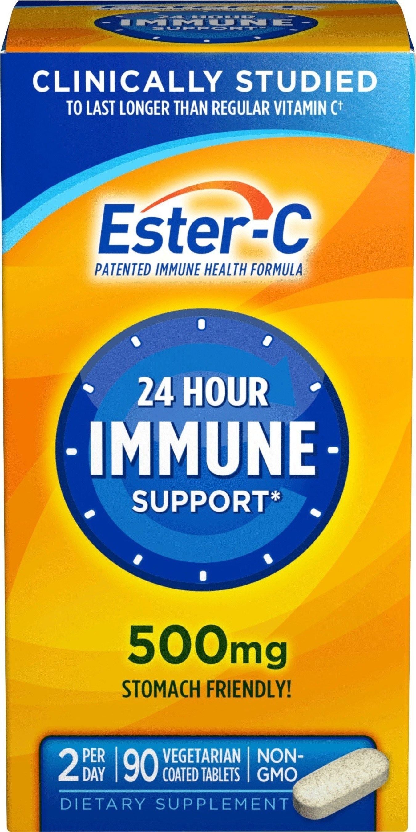 Ester-C(R) 500mg Tablets provide the support you can count on all day, every day. A daily dose of Ester-C(R) gets into your white blood cells, and stays there - for up to 24 hours, which is longer than regular Vitamin C. Plus, Ester-C(R) is manufactured without chemicals to neutralize pH, which means it's non-acidic and gentle on your stomach.