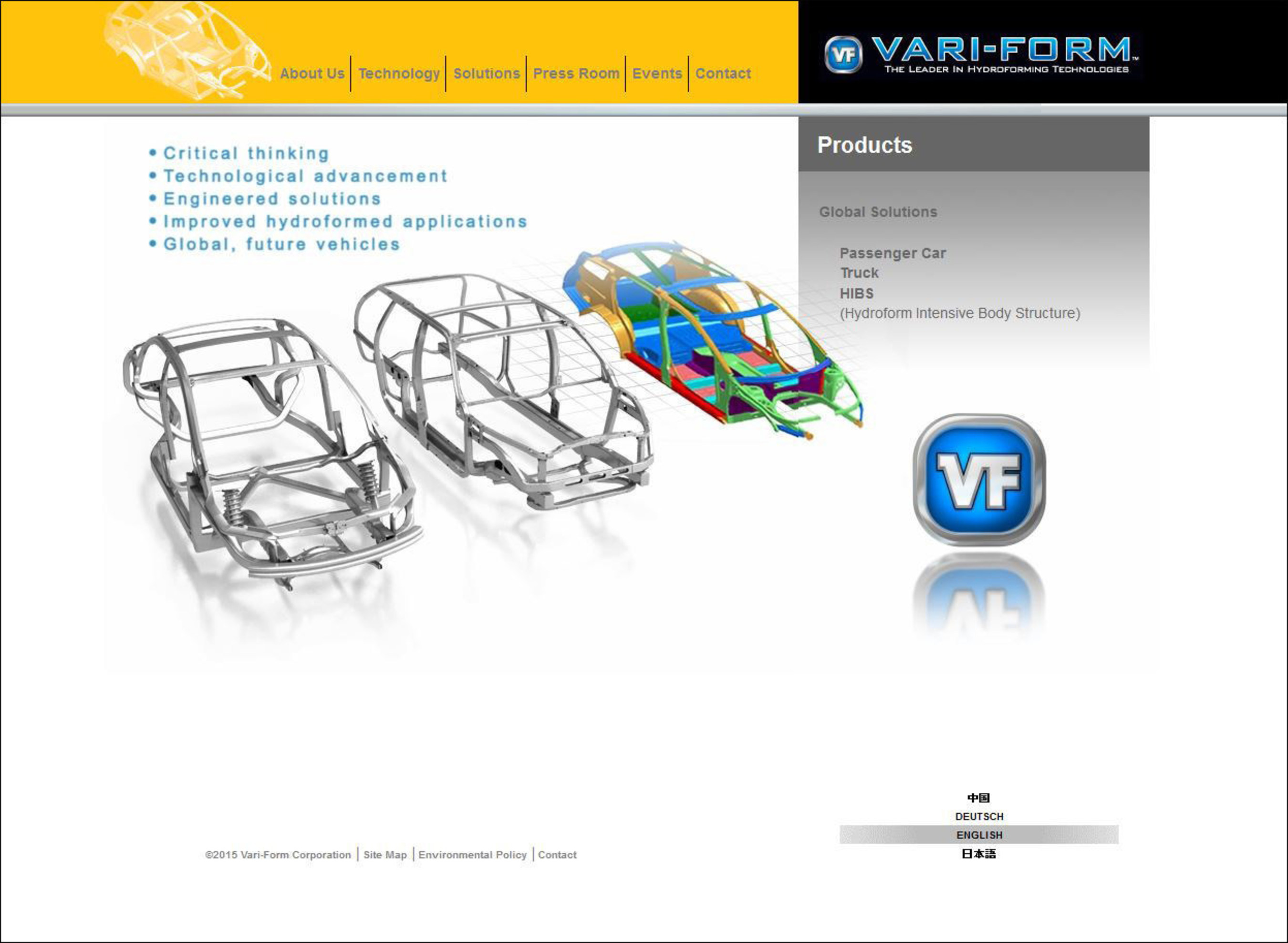 The Solutions/Products department of the new Vari-Form web site makes it easy for visitors to focus on their specific needs - passenger car or truck - as well as Hydroform-Intensive Body Structures (HIBS) technology, which has multiple applications.