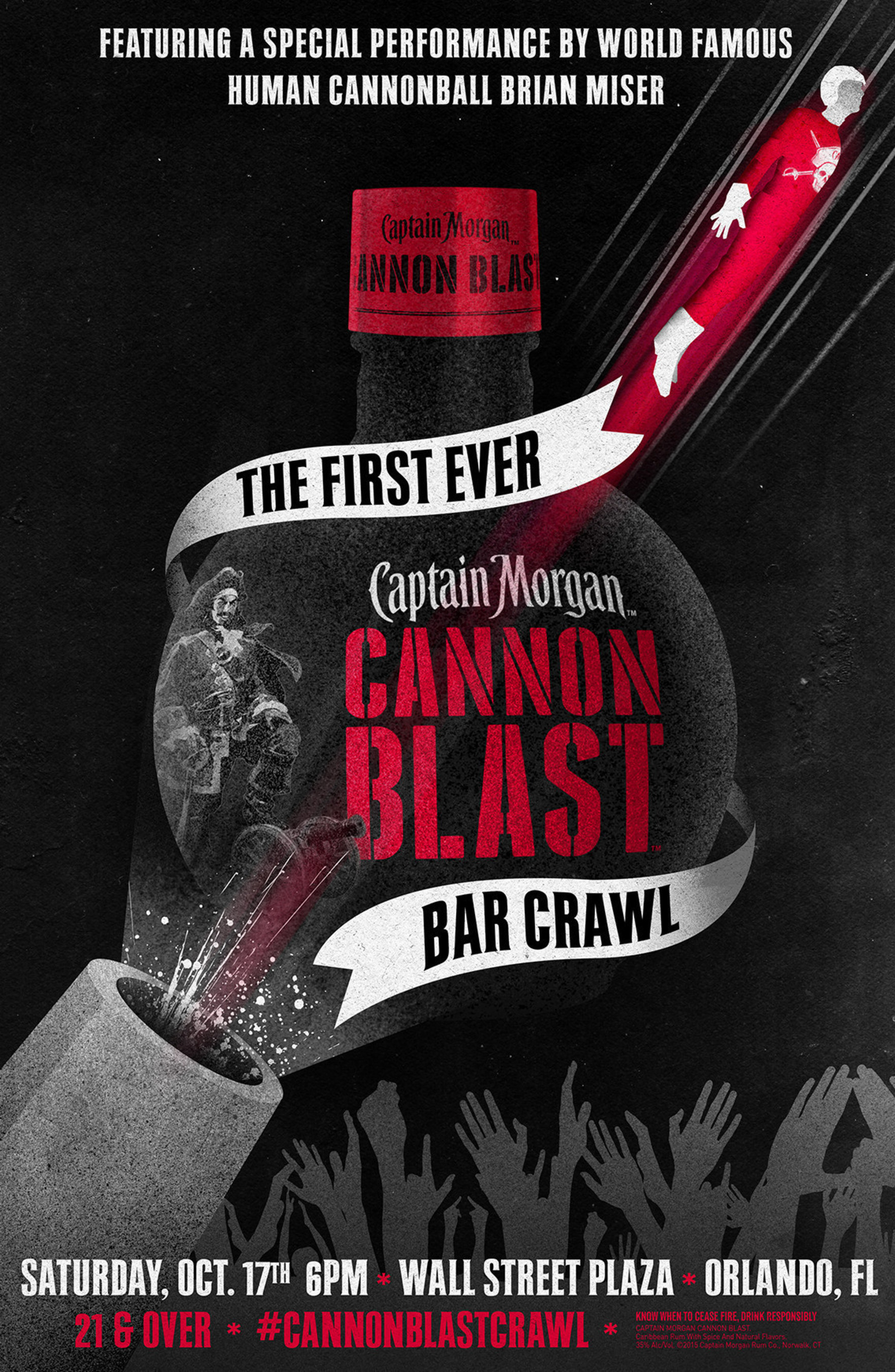 Captain Morgan launches Captain Morgan Cannon Blast, the brand's newest shot innovation, with epic Cannon Blast Bar Crawl featuring a human cannonball shot between multiple bars in Orlando, Fla.