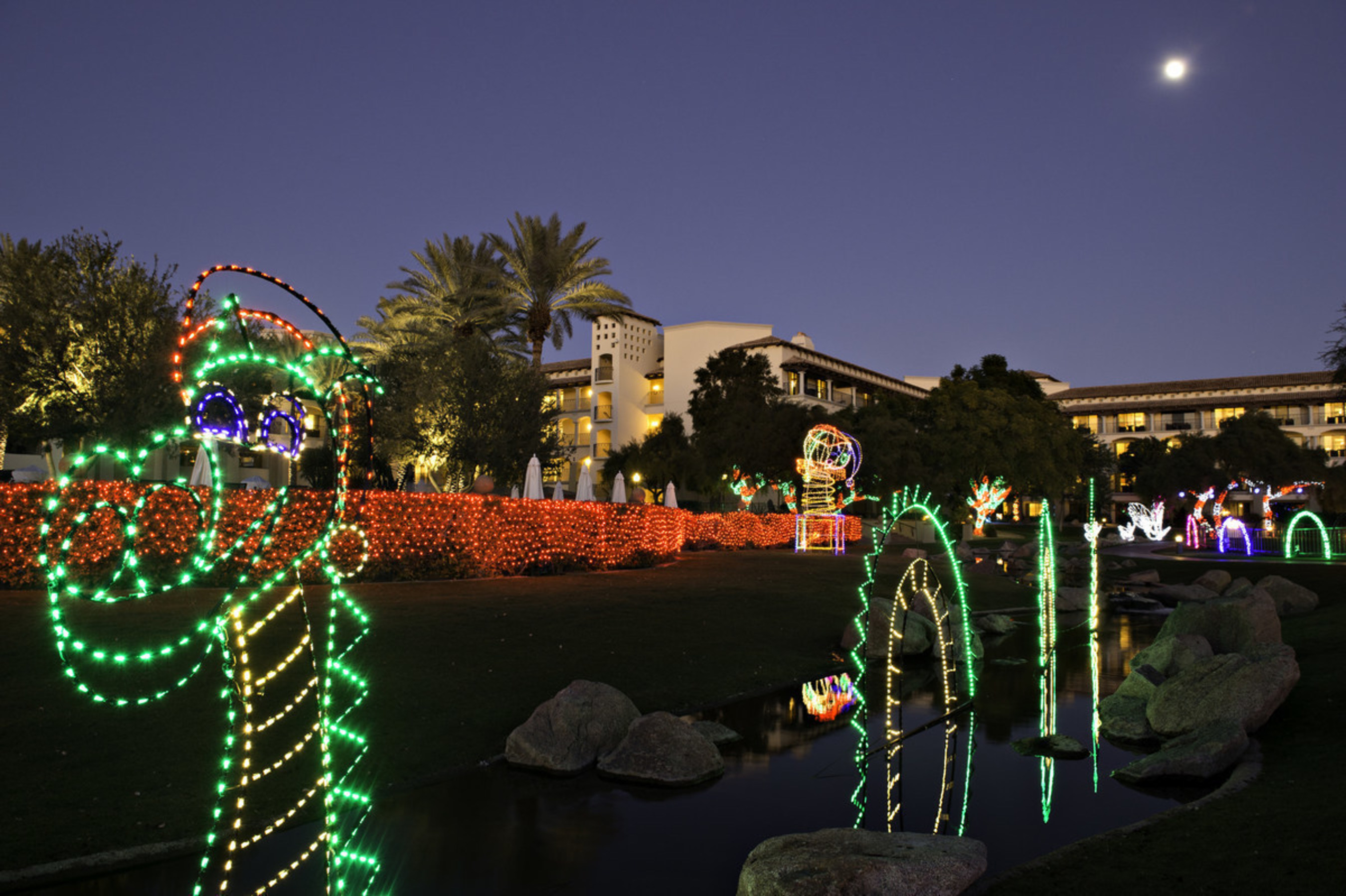 Nessie the Loch Ness Monster is just one of the sights along Lagoon Lights at the Christmas at the Princess festival at the Fairmont Scottsdale Princess in Arizona, featuring 2.8 million lights, a 4-story musical tree, the Princess Express Train, the Desert Ice Skating Rink made with real ice, along with new holiday characters, a petting zoo and Santa in his workshop. The celebration runs November 19, 2015-January 3, 2016.