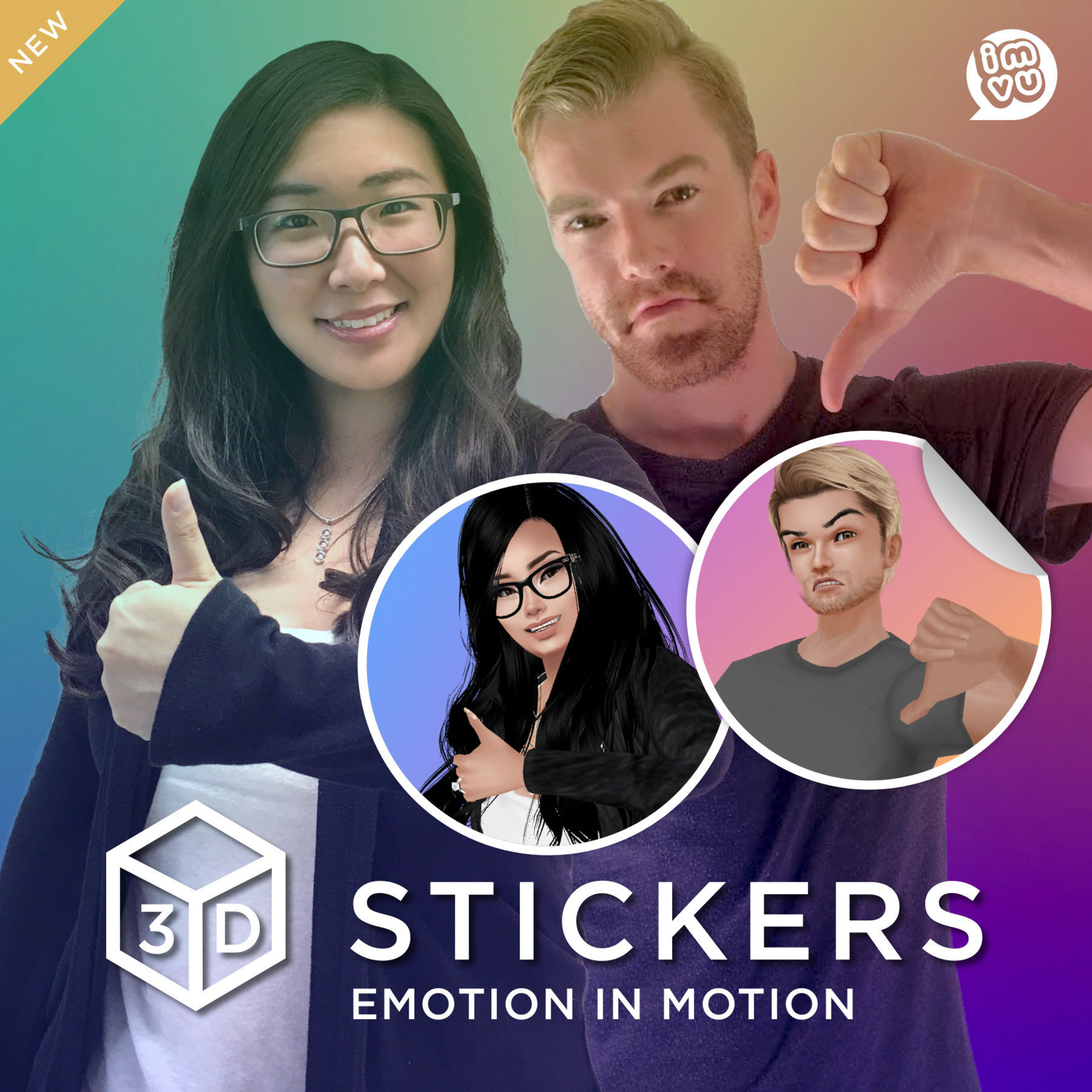 IMVU 3D Stickers use personalized avatars to bring your conversation to life.