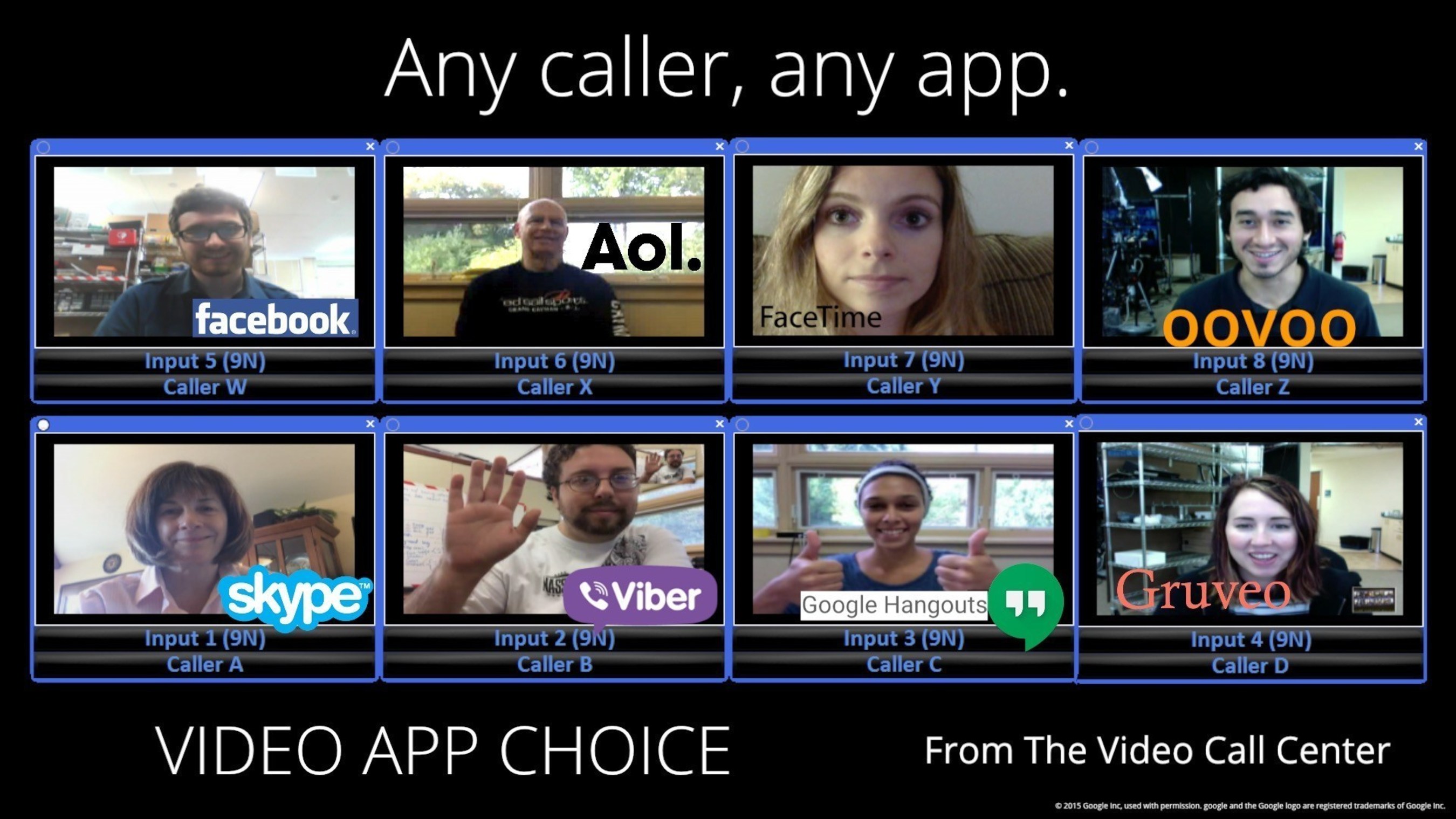 Video App Choice Connectivity Demonstration: Eight Video Call Center staffers simultaneously connect to the VCC Caller Acquisition Technology using eight different IP video applications running on a combination of MACs and PCs. The IP Video applications are FaceTime, Skype, Google, AOL, Viber, Gruveo, ooVoo, and Facebook.