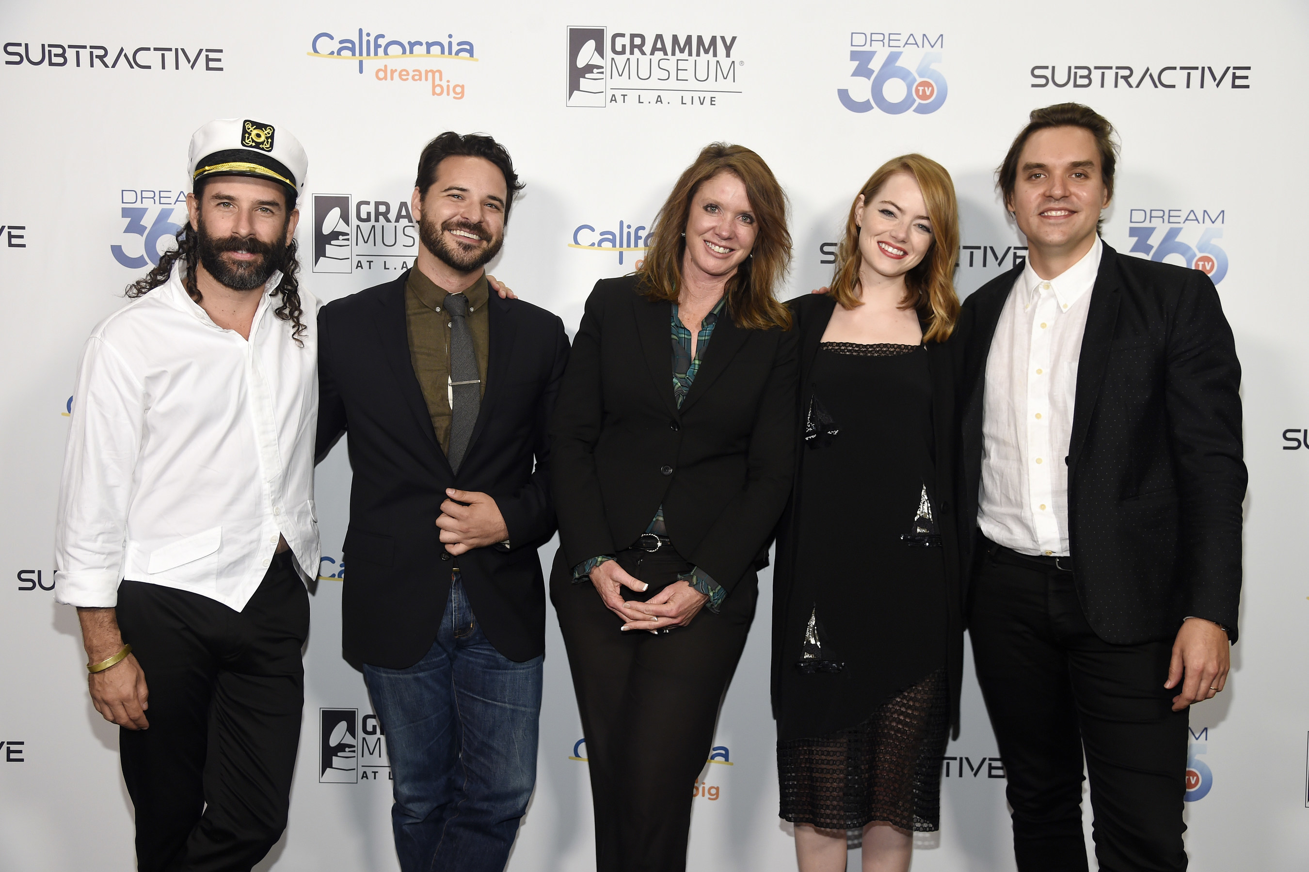 Caroline Beteta, center, president and CEO of Visit California, poses with, left to right, choreographer Ryan Heffington, director Brantley Gutierrez, actress Emma Stone and musician Will Butler at The GRAMMY Museum on Wednesday, Oct. 14, 2015, in Los Angeles. Beteta led a panel discussion after Visit California premiered their latest California Dreamers video "Dream of Dance," which explores Heffington's creative world and Golden State inspiration. (Photo by Chris Pizzello/Invision for Visit California/AP)
