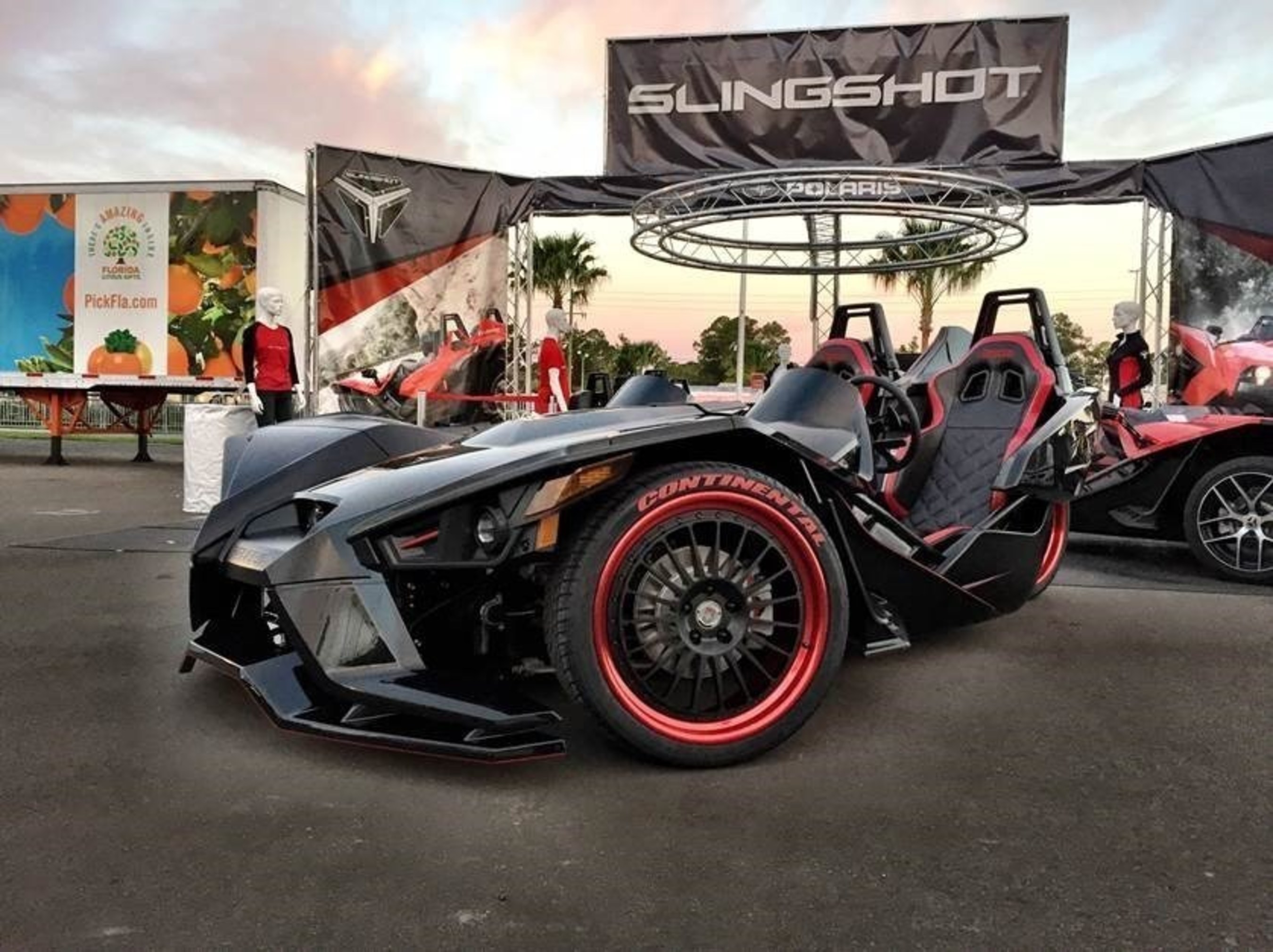 The Polaris Slingshot that will be driven in the upcoming Slingshot X video series, on display at Biketoberfest in Daytona Beach, Fla