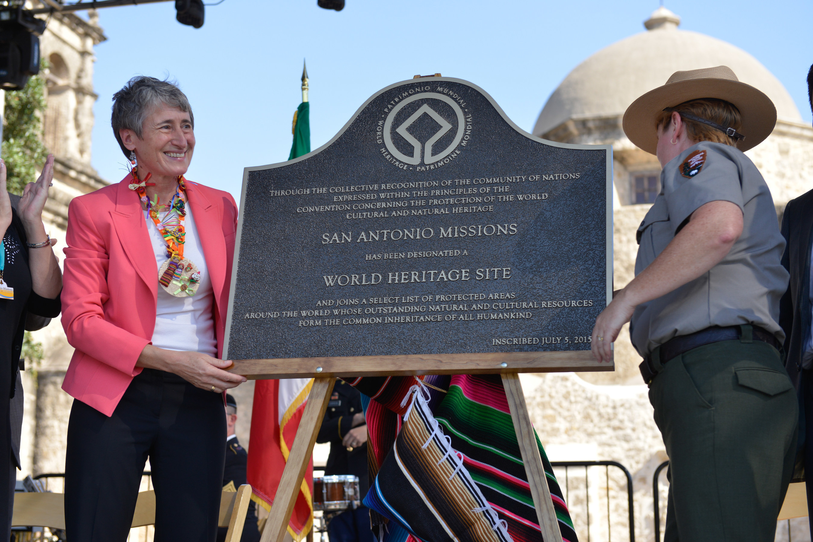 US Secretary of the Interior Sally Jewell, left, and San Antonio Missions National Park Superintendent Mardi Arce, unveil the official plaque designating San Antonio's five Spanish Colonial missions as the latest UNESCO World Heritage site in the United States, Saturday, Oct. 17, 2015, at Mission San Jose in San Antonio. The San Antonio missions join landmarks such the Statue of Liberty and the Grand Canyon as the country's 23rd UNESCO World Heritage Site, and the first in Texas. (Robin Jerstad/VisitSanAntonio.com)