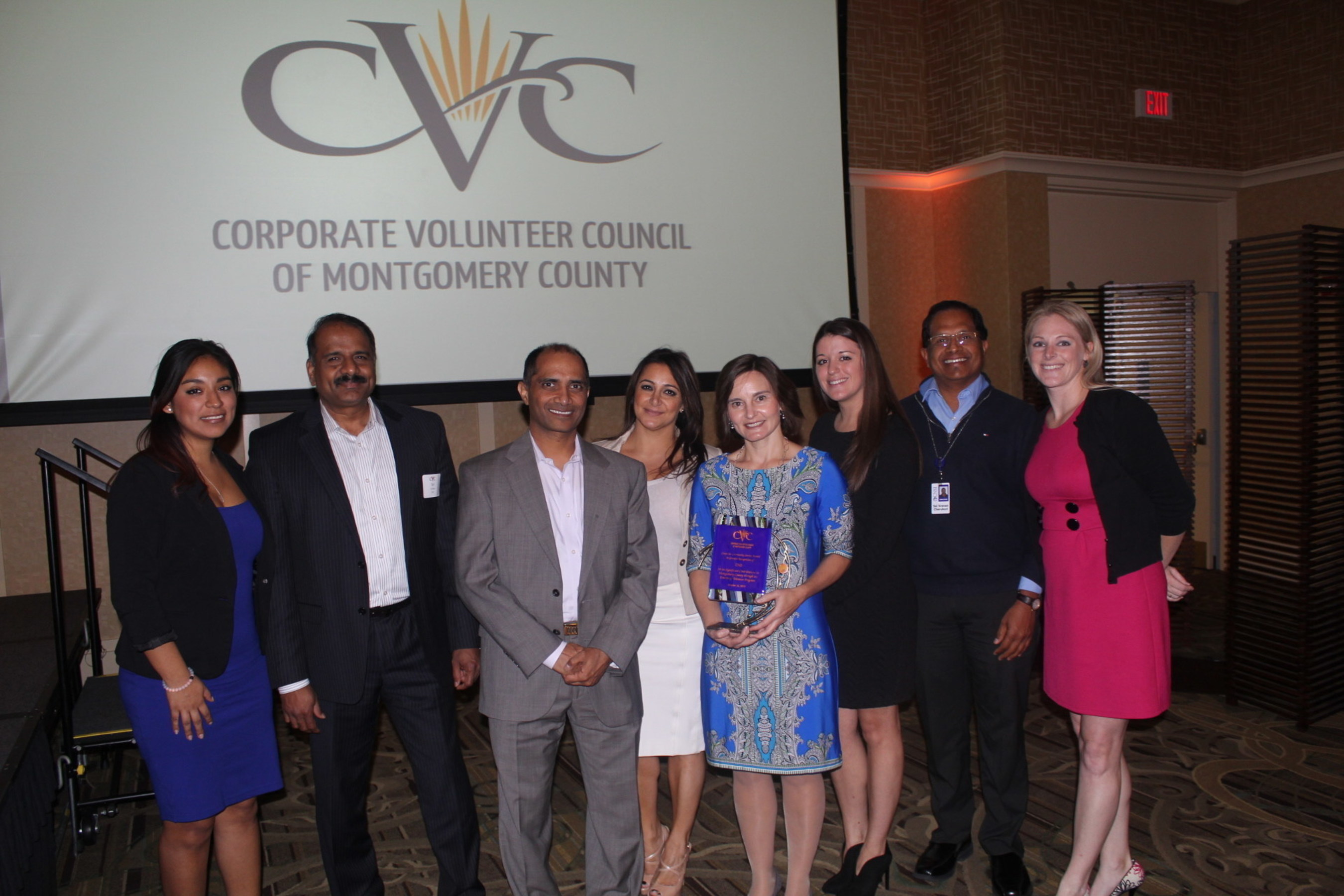 CNSI employees Evelyn Barrenechea, Sri Akula, Vivek Gore, Maya Chavez, Tara Weyer, Heather Guzman, Sai Cherukuri, and Amanda Moskowitz attend the CVC Awards Ceremony