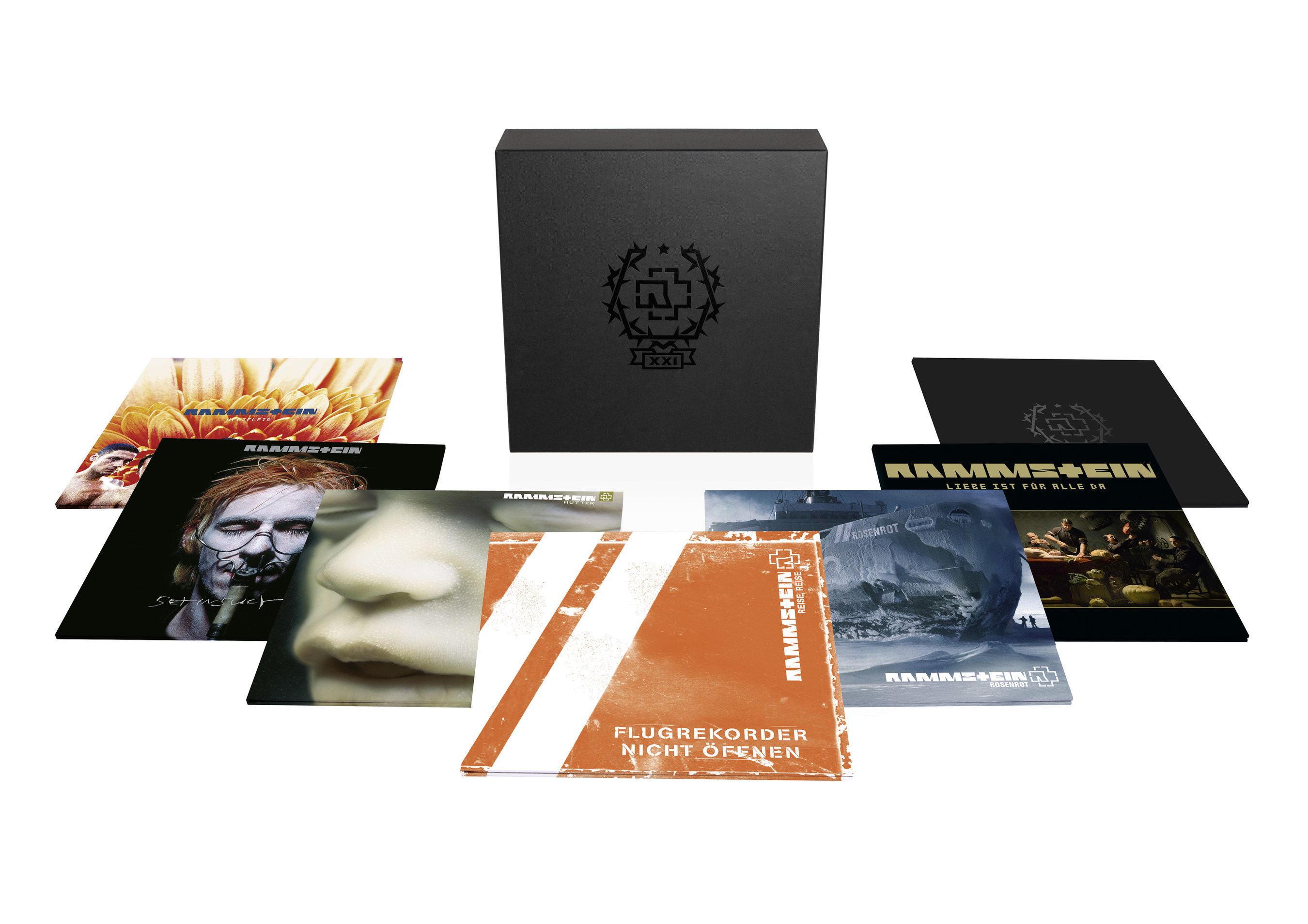 Rammstein marks their 21st anniversary with the December 4 release of the new 'XXI' vinyl box set. The 21st Anniversary collection - a numbered, career-spanning set - not only features the band's six studio albums, produced by Jacob Hellner and re-mastered onto 180-gram heavyweight double vinyl by Svante Forsbäck, it also comes complete with a separate rarities double LP, 'Raritäten,' including a previously unreleased version of the track 'Los.'