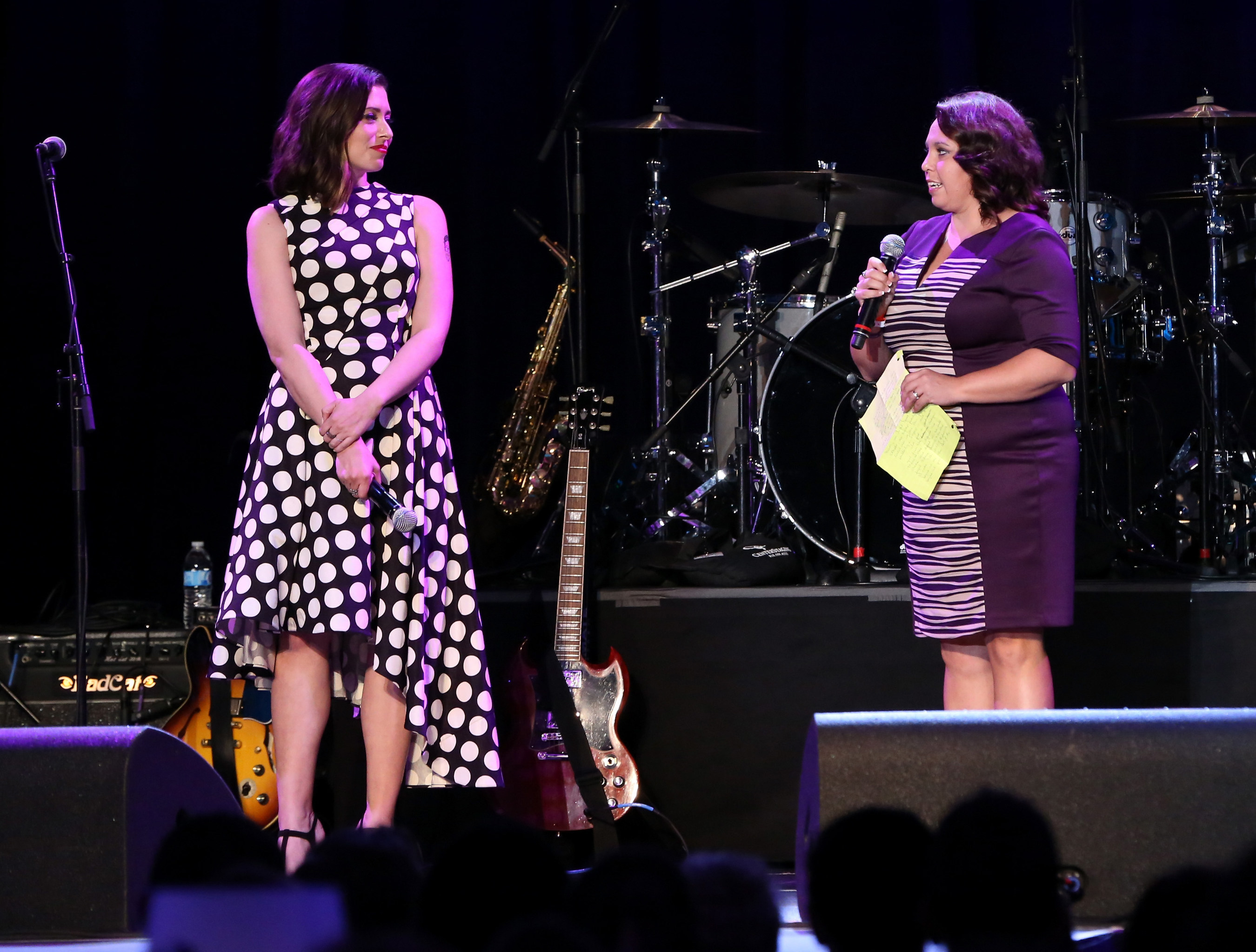 LOS ANGELES, CA - OCTOBER 17: Hilarity for Charity co-founder Lauren Miller-Rogen (L) and Nikki Dodson speak onstage during Hilarity for Charity's annual variety show: James Franco's Bar Mitzvah, benefiting the Alzheimer's Association, presented by Funny or Die, go90 and SVEDKA Vodka at the Hollywood Palladium on October 17, 2015 in Los Angeles, California. (Photo by Jonathan Leibson/Getty Images for SVEDKA Vodka)