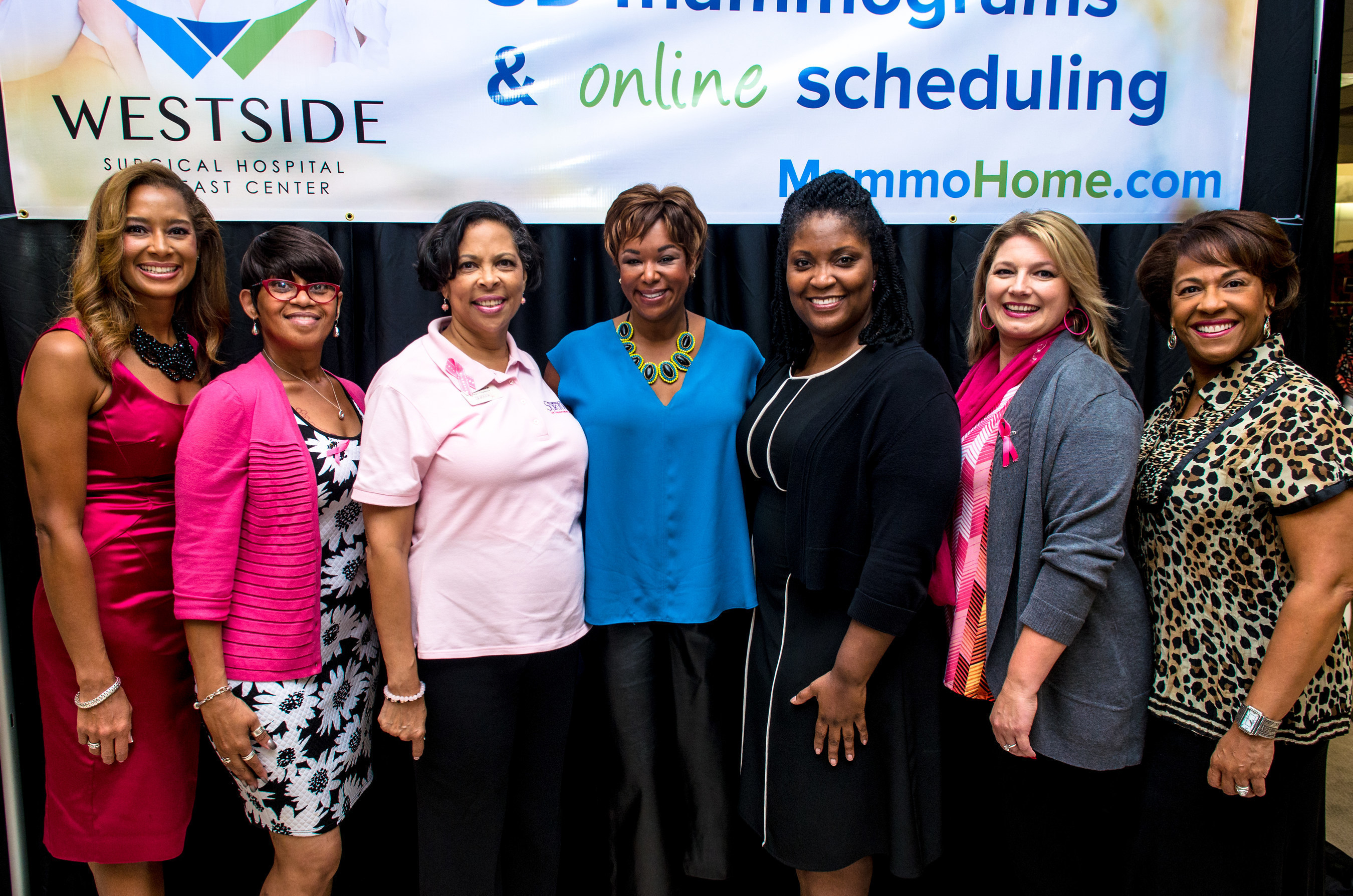 Plastic surgeon Dr. Camille Cash; Rita King from Dillard's, Wanda Johnson representing Reconstruction of a Survivor; Great Day Houston's Deborah Duncan; breast cancer survivor Michelle Stephenson; Westside Surgical Hospital Chief Nursing Officer, Angie Kauffman and Breast Surgical Specialist Dr. Jamie Terry at  the 2nd Annual BRA day at Dillard's