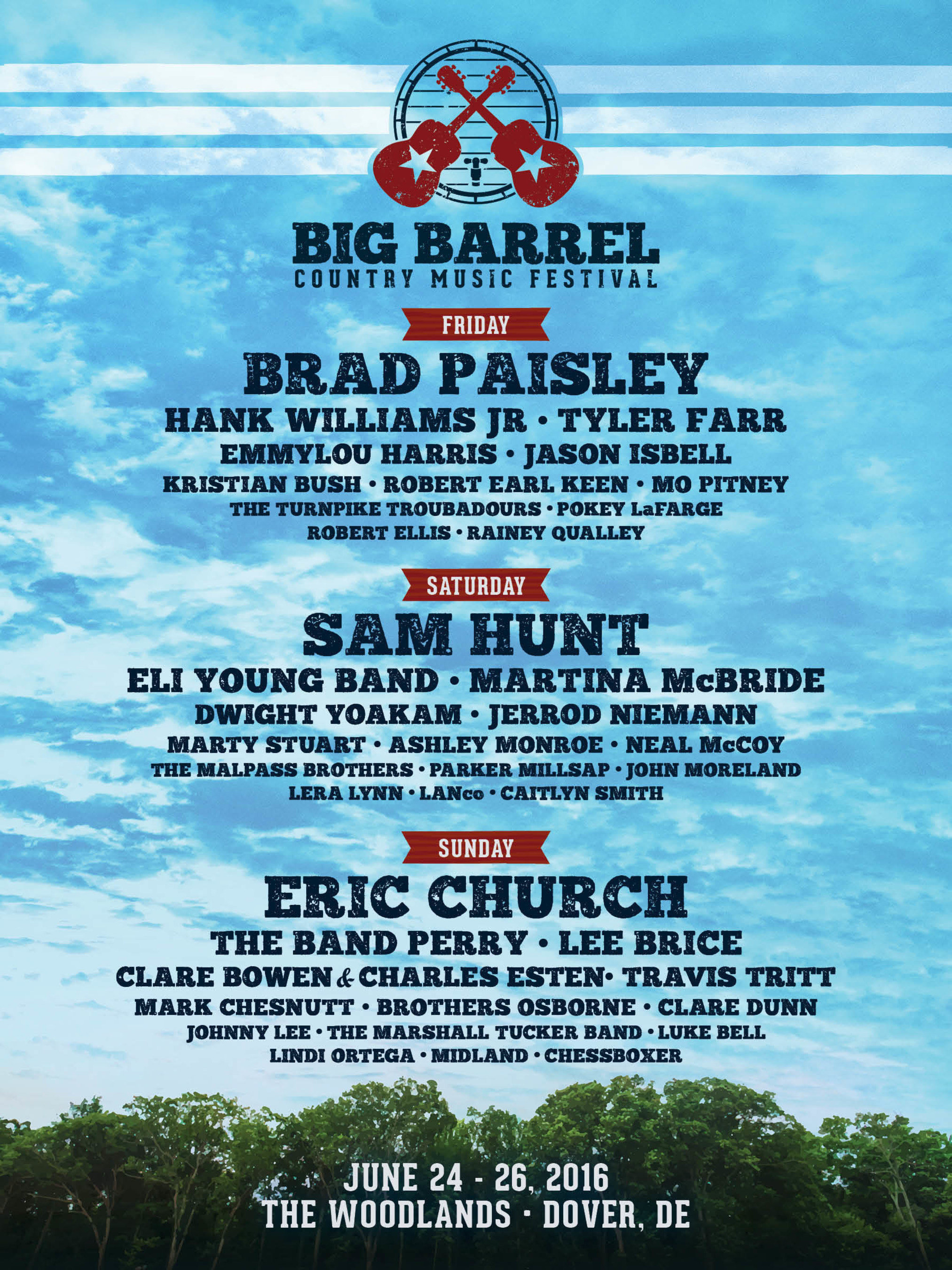 The second annual Big Barrel Country Music Festival will take place June 24 - 26, 2016 at The Woodlands of Dover International Speedway. The lineup features headliners Eric Church, Brad Paisley and Sam Hunt as well as Hank Williams, Jr., Tyler Farr, Eli Young Band, Martina McBride, The Band Perry, Lee Brice and many more.