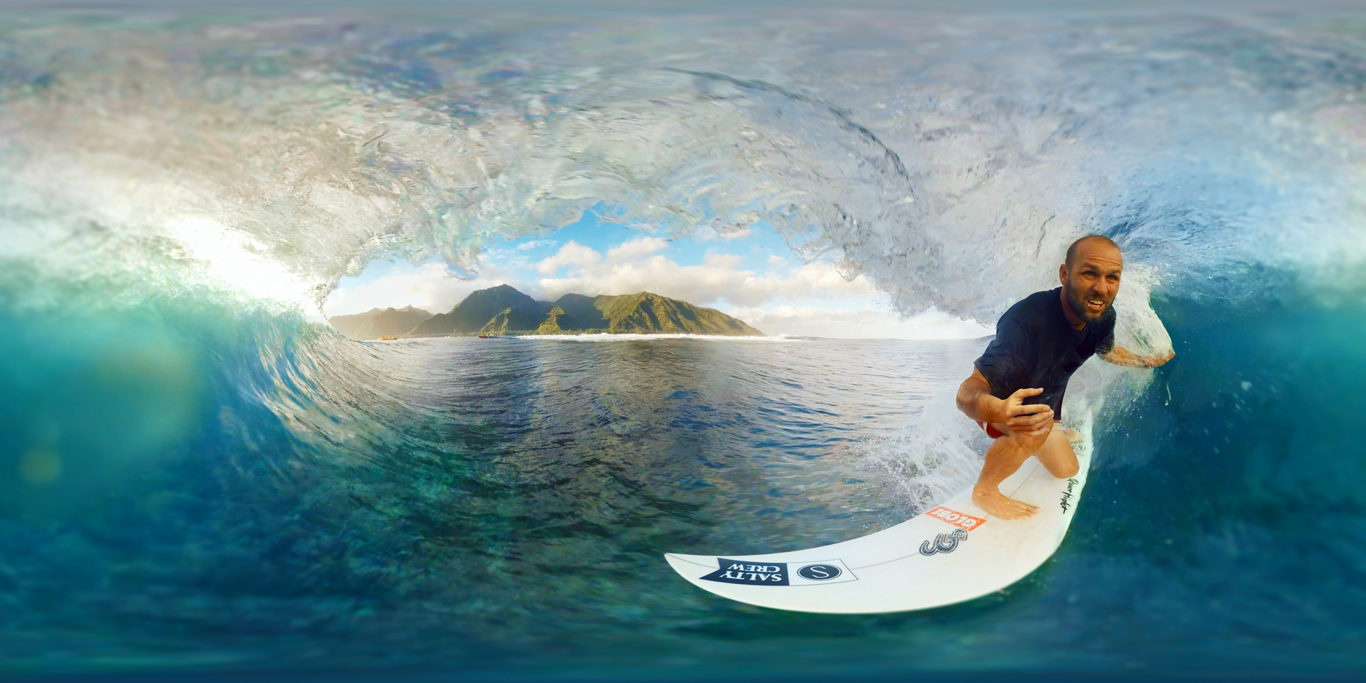 Frame grab of WSL Champion C.J. Hobgood partnering with Director Taylor Steele and Samsung Gear VR Innovator Edition to take the world inside of Tahiti's Teahupo'o. Now playing LIVE at WorldSurfLeague.com, Image: WSL / Samsung
