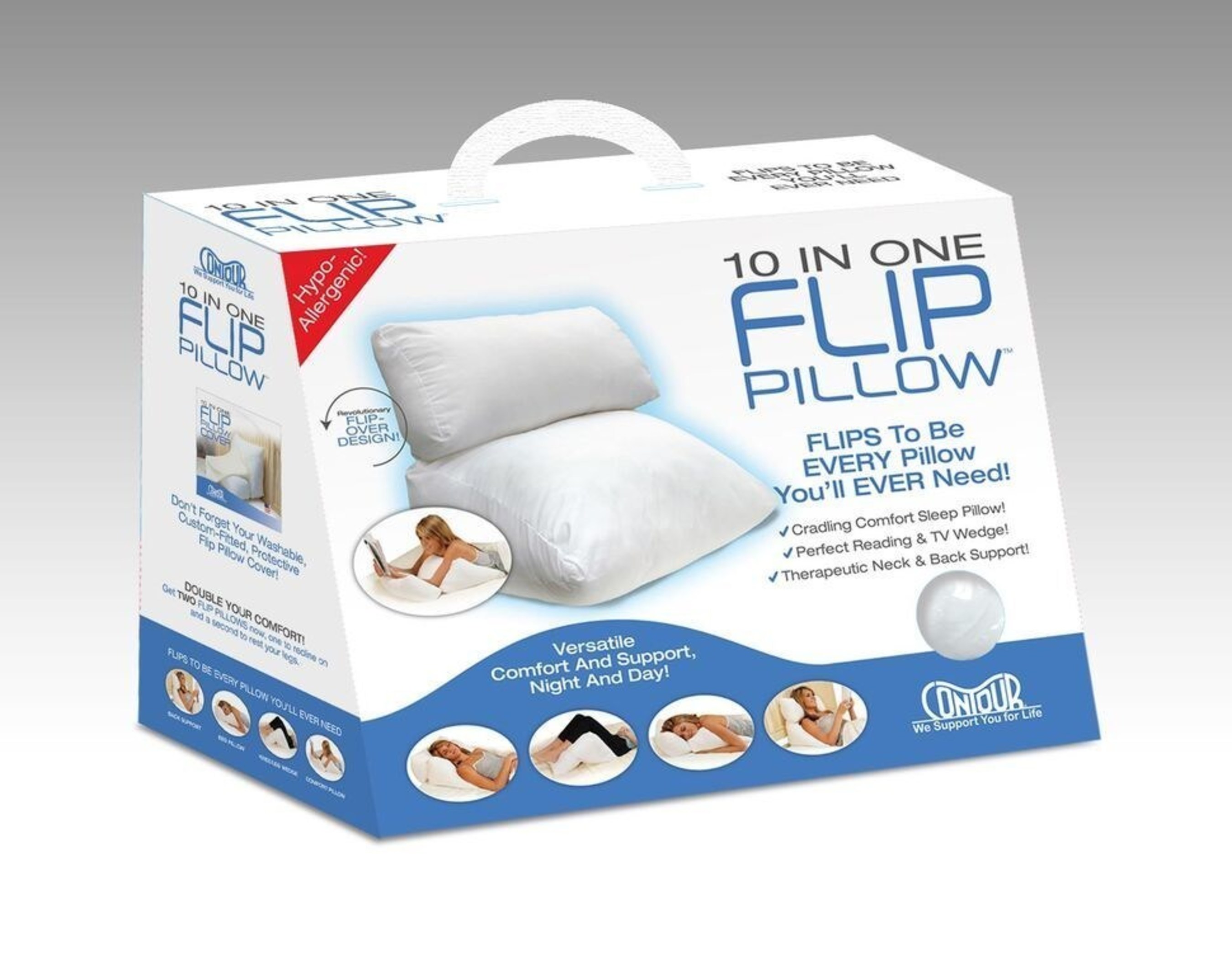The FLIP PILLOW(TM) is the season's most ideal holiday gift as it provides comfort solutions to any age group. Its 10-in-one design offers the utmost in pillow comfort while also providing therapeutic wedge support. It gently supports the back while sitting up, soothes the lumbar while working at a desk and cradles the elbows while reading on your stomach. At night, it lets side and stomach sleepers rest without neck strain, elevates the torso for easier breathing or digestion, props up knees to ease sore back muscles or raises the feet.