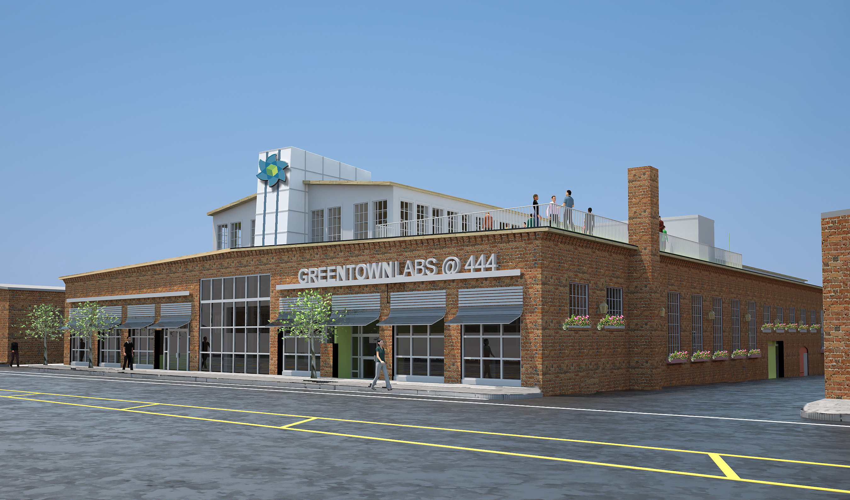 3D-rendered exterior view of the new Greentown Labs headquarters at 444 Somerville Ave., Somerville, Mass. Construction is expected to be completed in late 2016.