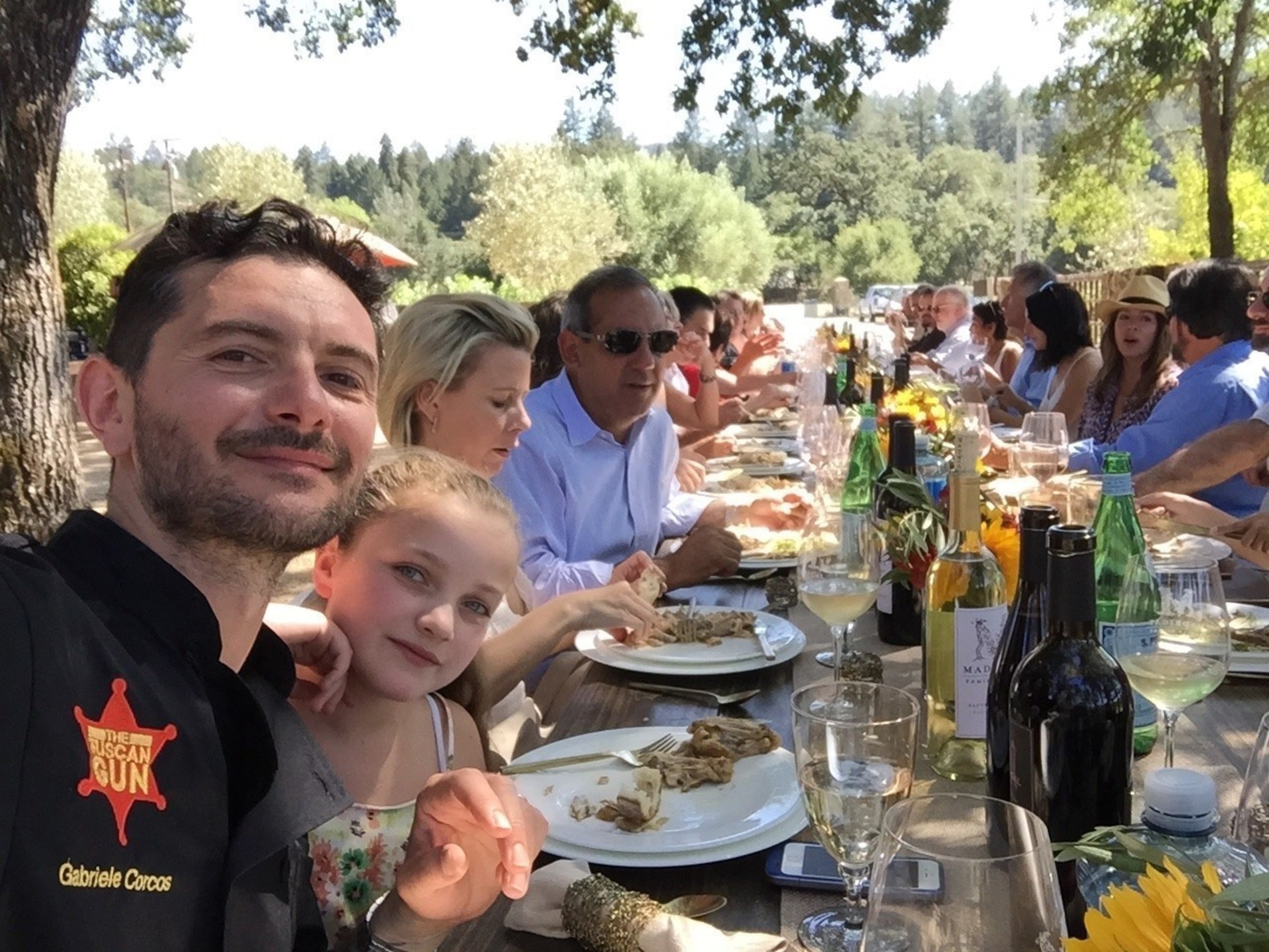 Gabriele Corcos of Cooking Channel's Extra Virgin enjoys Madrigal Family Winery Sauvignon Blanc with owner Chris Madrigal at Madrigal Family Winery in Calistoga