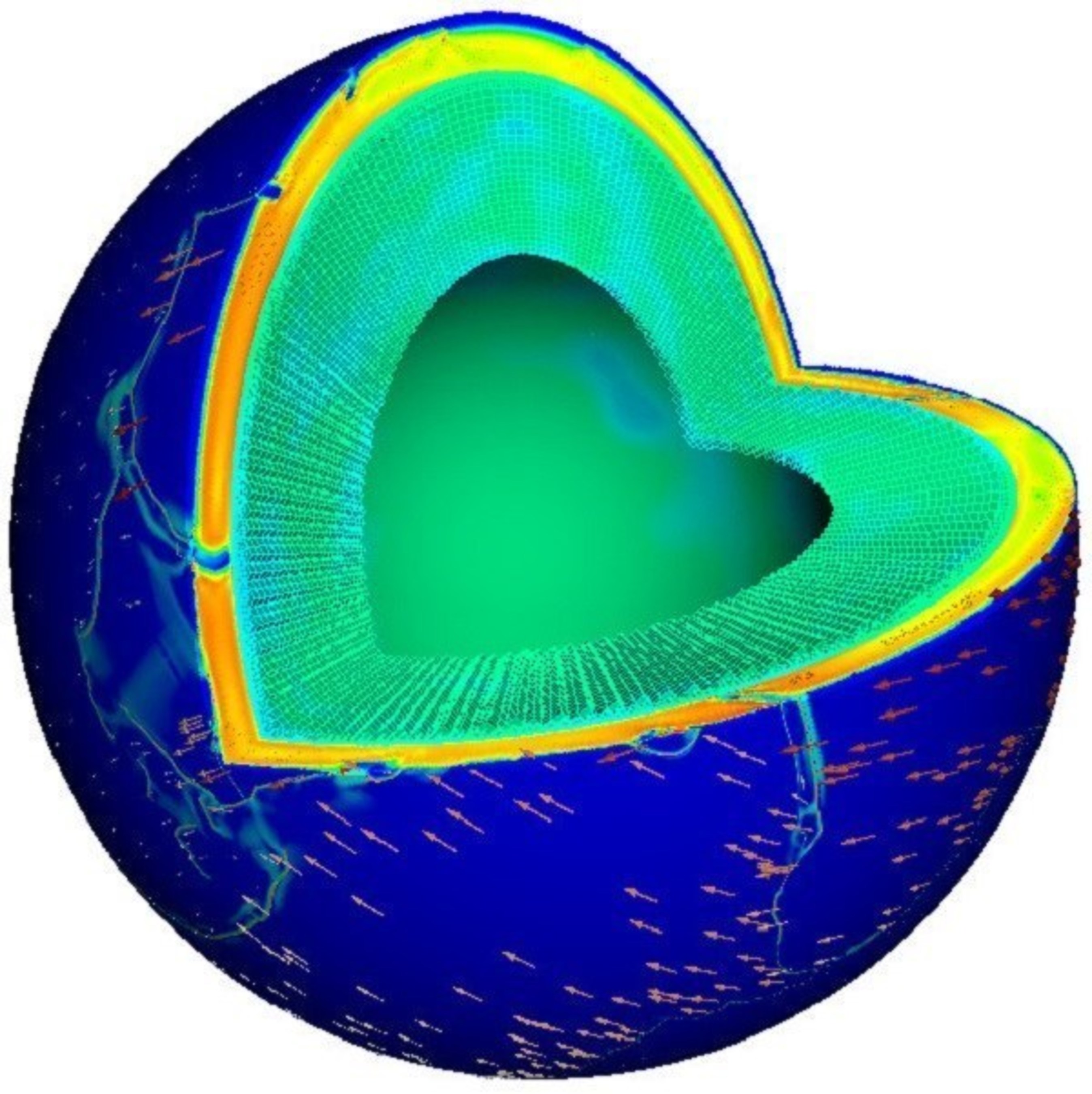 Scientists at IBM Research, the University of Texas at Austin, New York University and the California Institute of Technology have been awarded the 2015 Gordon Bell Prize for realistically simulating the forces inside the Earth that drive plate tectonics. The work paves the way toward better understanding of earthquakes and volcanic activity. The accomplishment was made using 1.6 million cores on the 96 racks of "Sequoia" - the IBM BlueGene/Q system located at the Lawrence Livermore National Laboratory, one of the world's fastest supercomputers. The illustration depicts the mantle viscosity and the arrows show the motion of the tectonic plates.