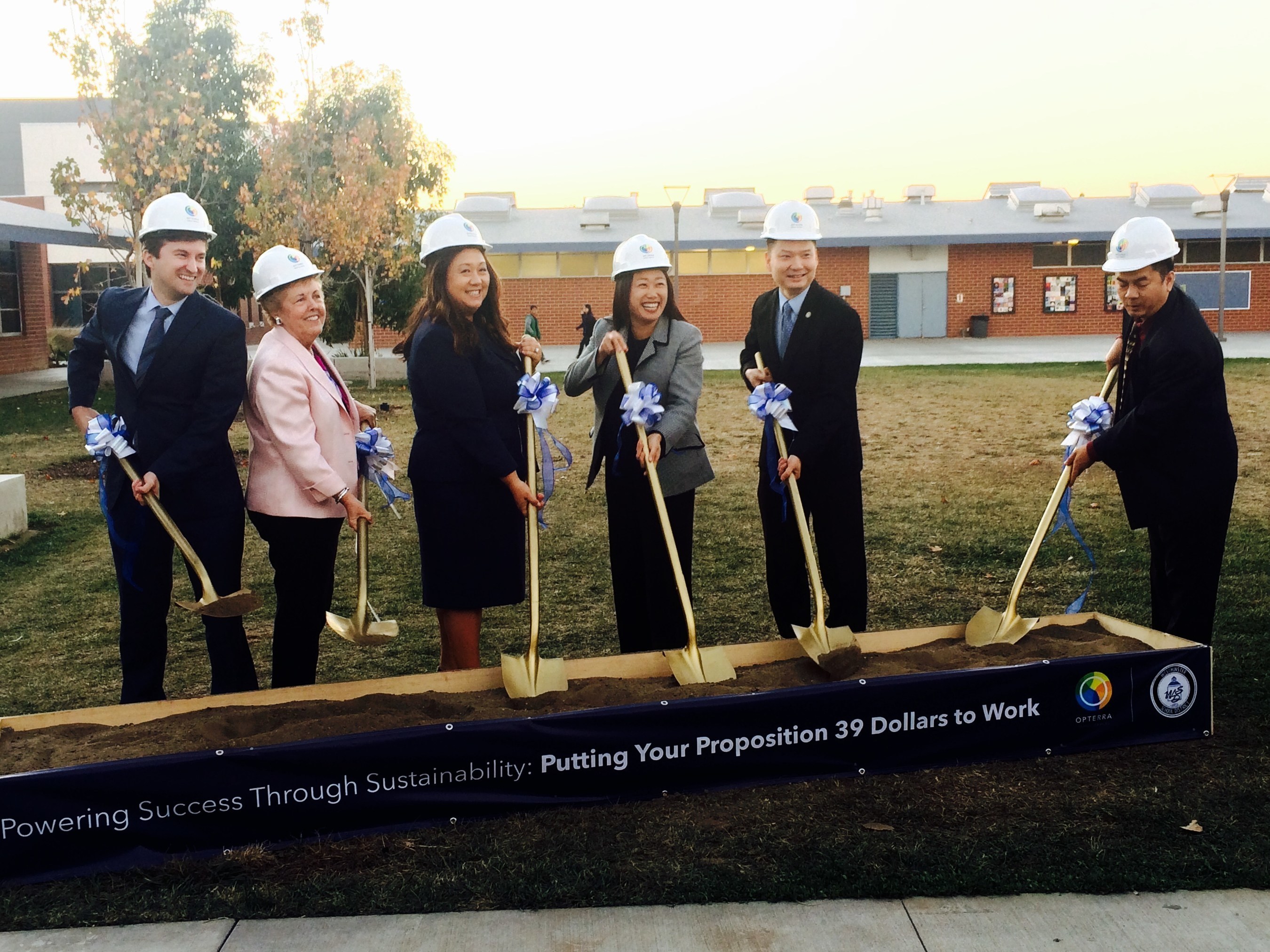 Westminster School District Board of Trustees, Superintendent Kim-Phelps, State Senator Janet Nguyen, and Mayor Tri Ta break ground on Westminster's district-wide Prop 39 sustainability program on Tuesday, December 1, 2015.