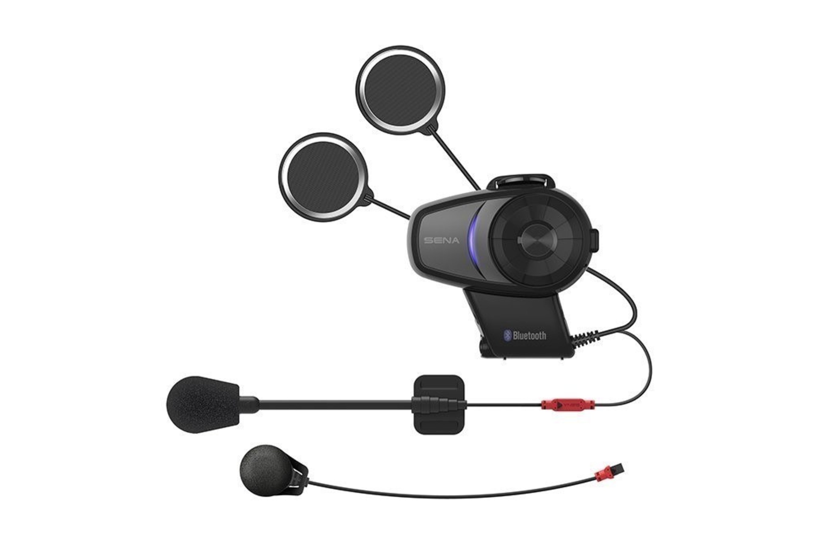 The new Sena 10S features an all-in-one clamp that supports any type of microphone and includes an earbud connector as well.