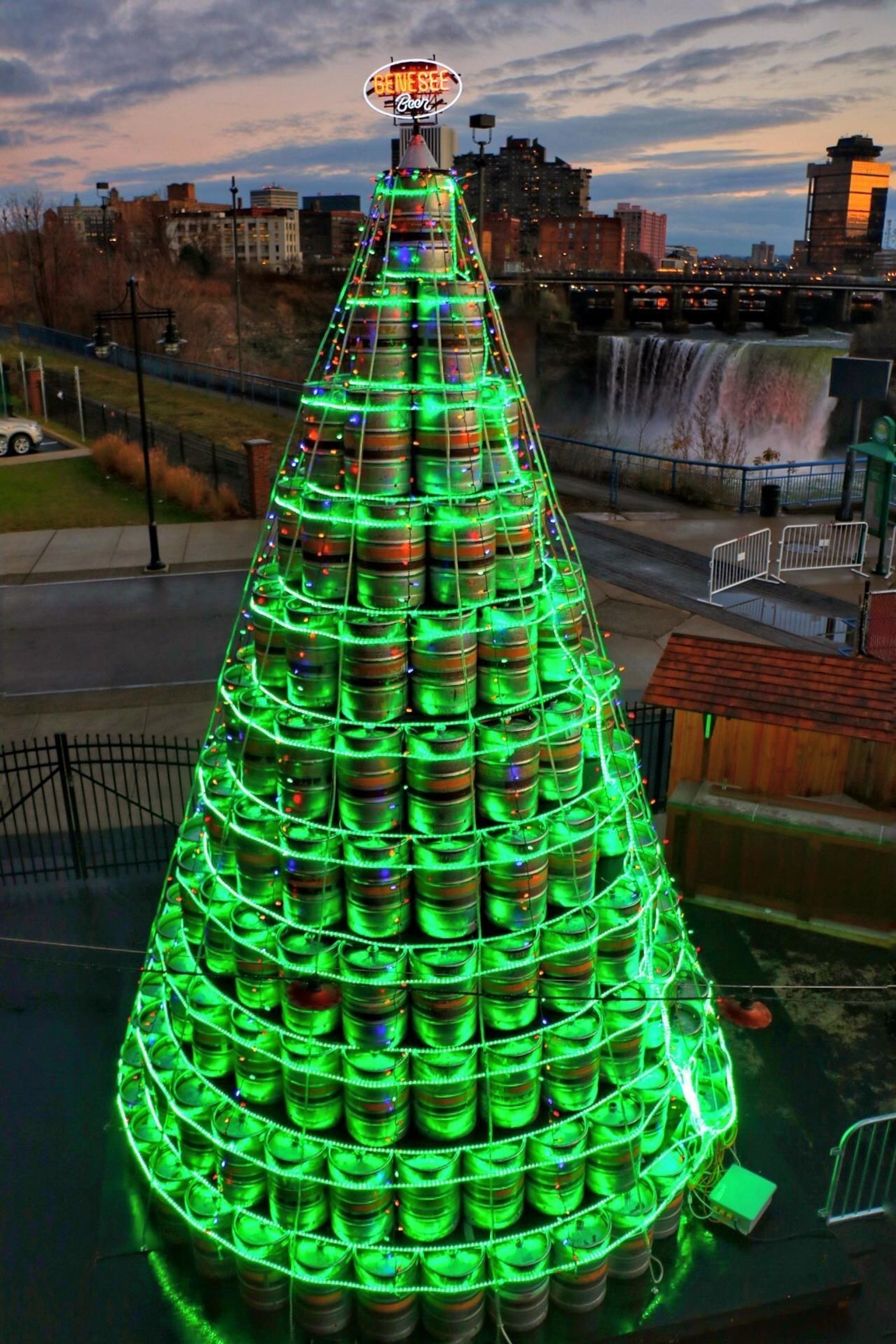 The Genesee Brewery, New York State's oldest brewery, kicked off the holiday season by unveiling a two-story Christmas tree, constructed of 428 empty beer kegs, outside its Genesee Brew House in Rochester, New York. Photo Credit: John Kucko