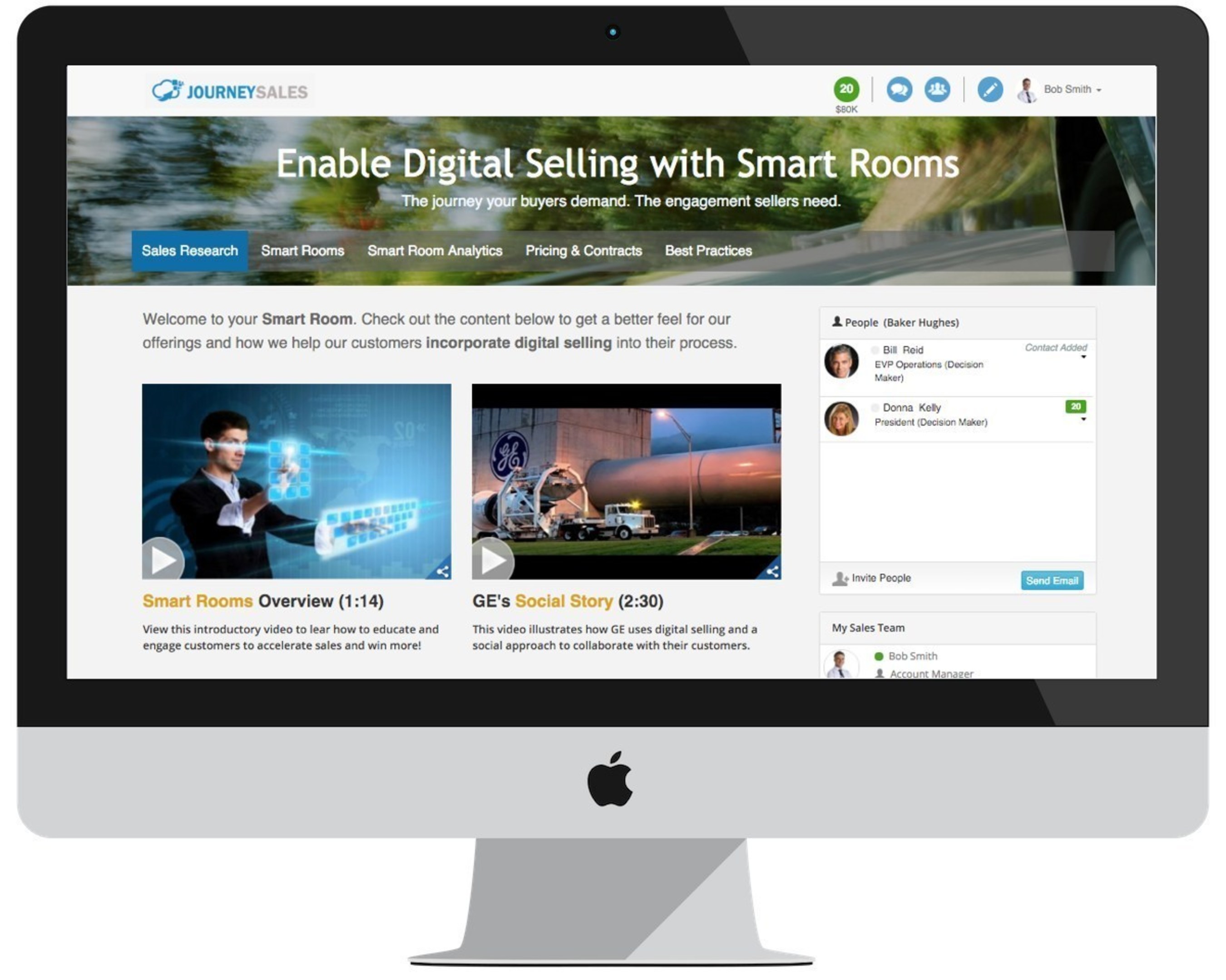 Journey Sales Smart Rooms enable sales professionals to engage with buyers in personalized, cloud-based environments. Smart Rooms are native to Salesforce(R) and offer a beautiful user experience where prospects, advisors and partners access curated content and collaborate with their sales and account teams. Use Smart Rooms to sell digitally, track activity and close more business more predictably.