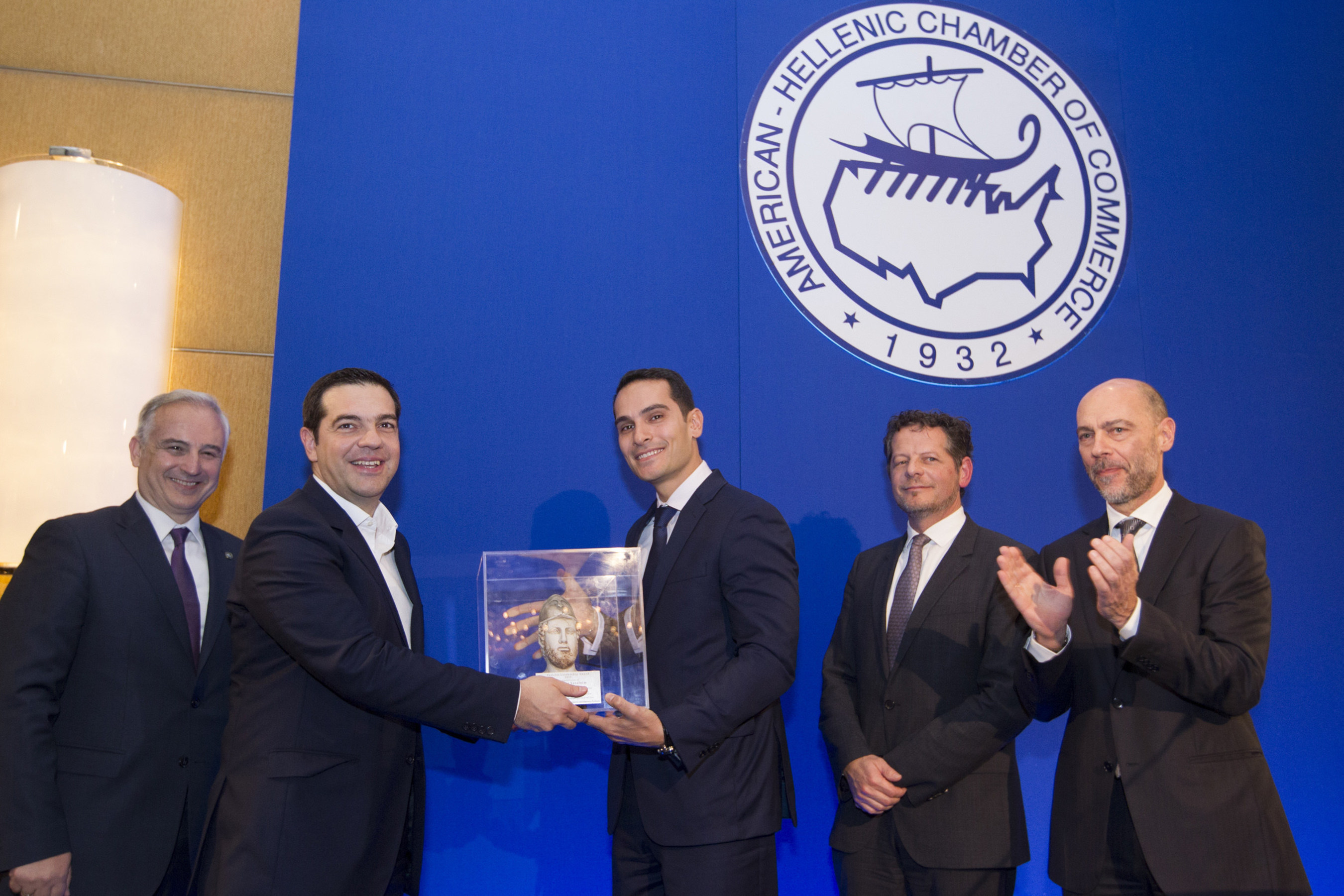 From left to right:  Elias Spirtounias, American-Hellenic Chamber of Commerce Executive Director; Alexis Tsipras, Prime Minister of the Hellenic Republic; George Serafeim, Harvard Business School Professor; John Moran, former Secretary General of the Ireland Department of Finance and European Investment Bank Director; and Simos Anastasopoulos, American-Hellenic Chamber of Commerce President.