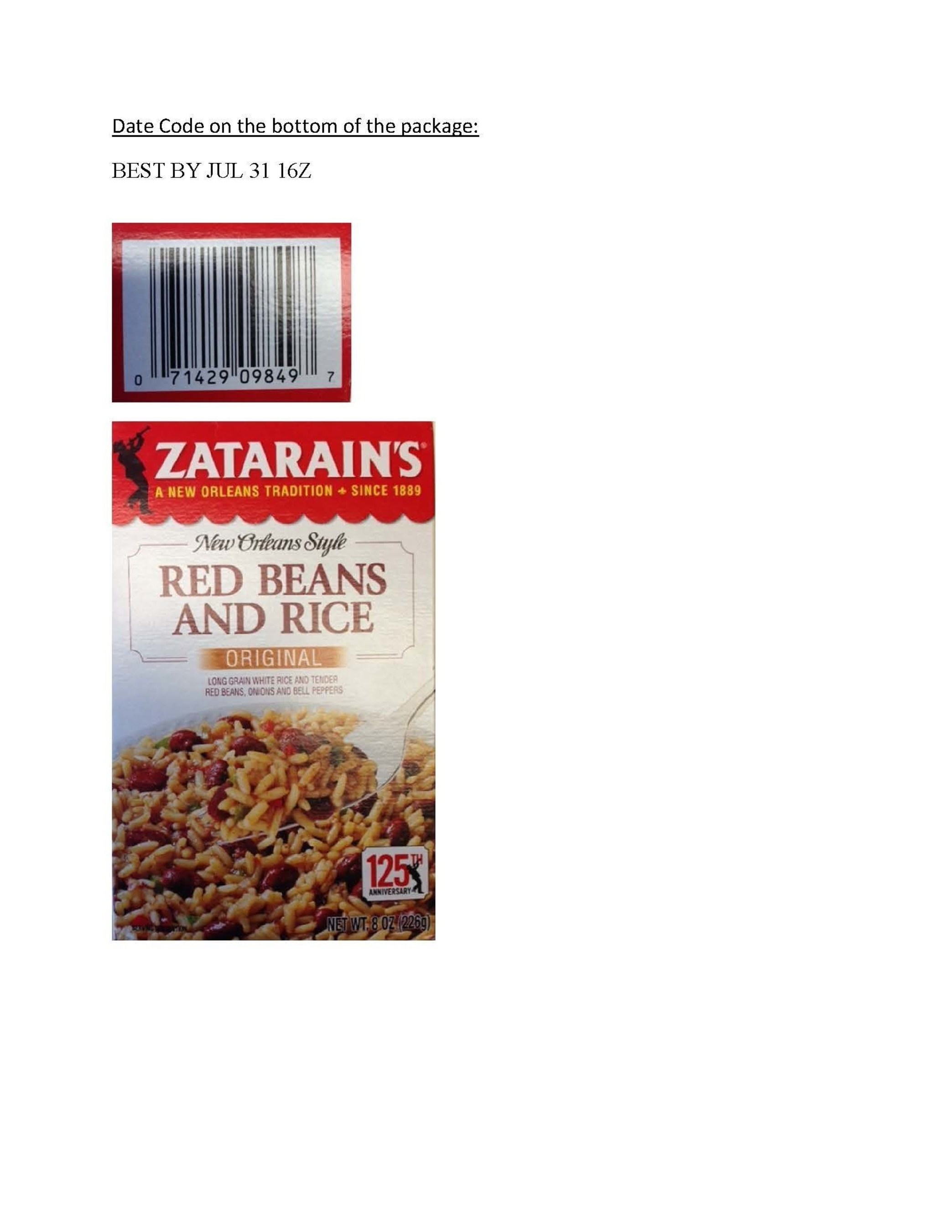 Voluntary Recall Notice for Zatarain's Red Beans and Rice Original due to  Possible Health Risk from Undeclared Ingredients