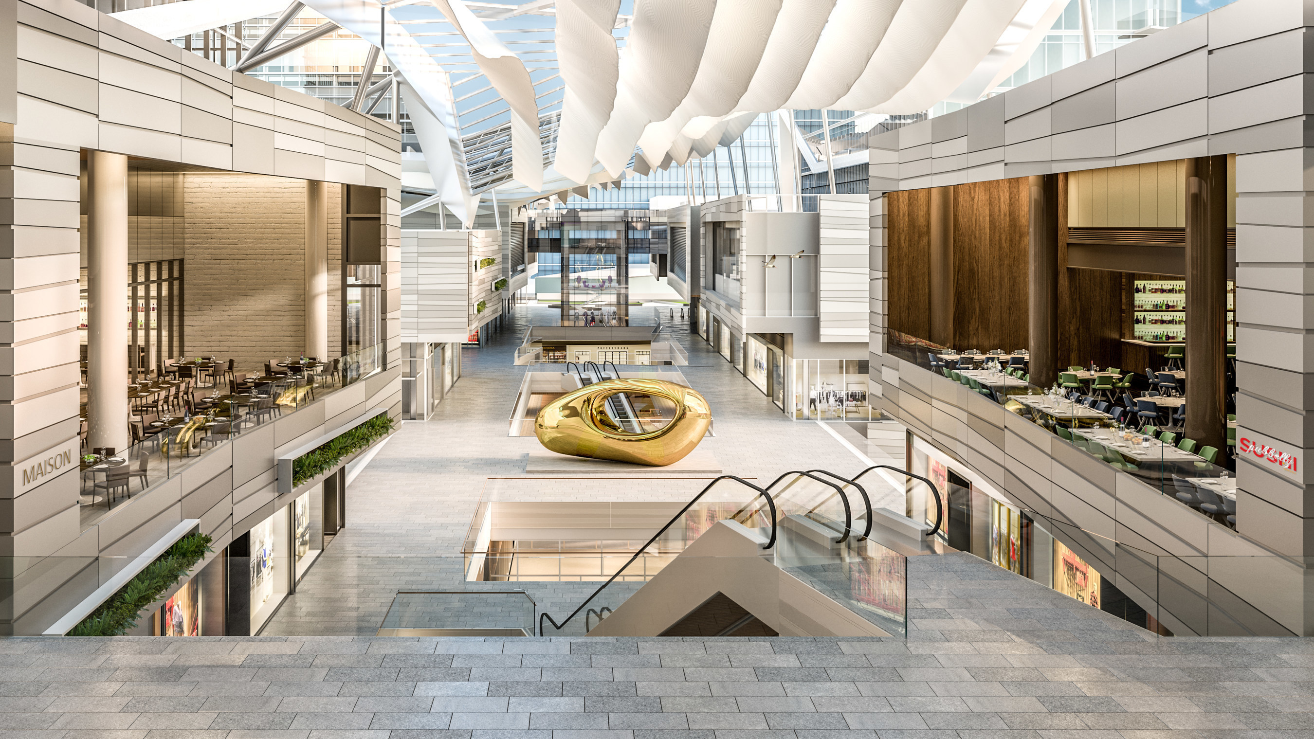 A rendering of the view from the Cinemex ticket desk, including several food and beverage options and the $30 million, 150,000 square-foot CLIMATE RIBBON(TM)