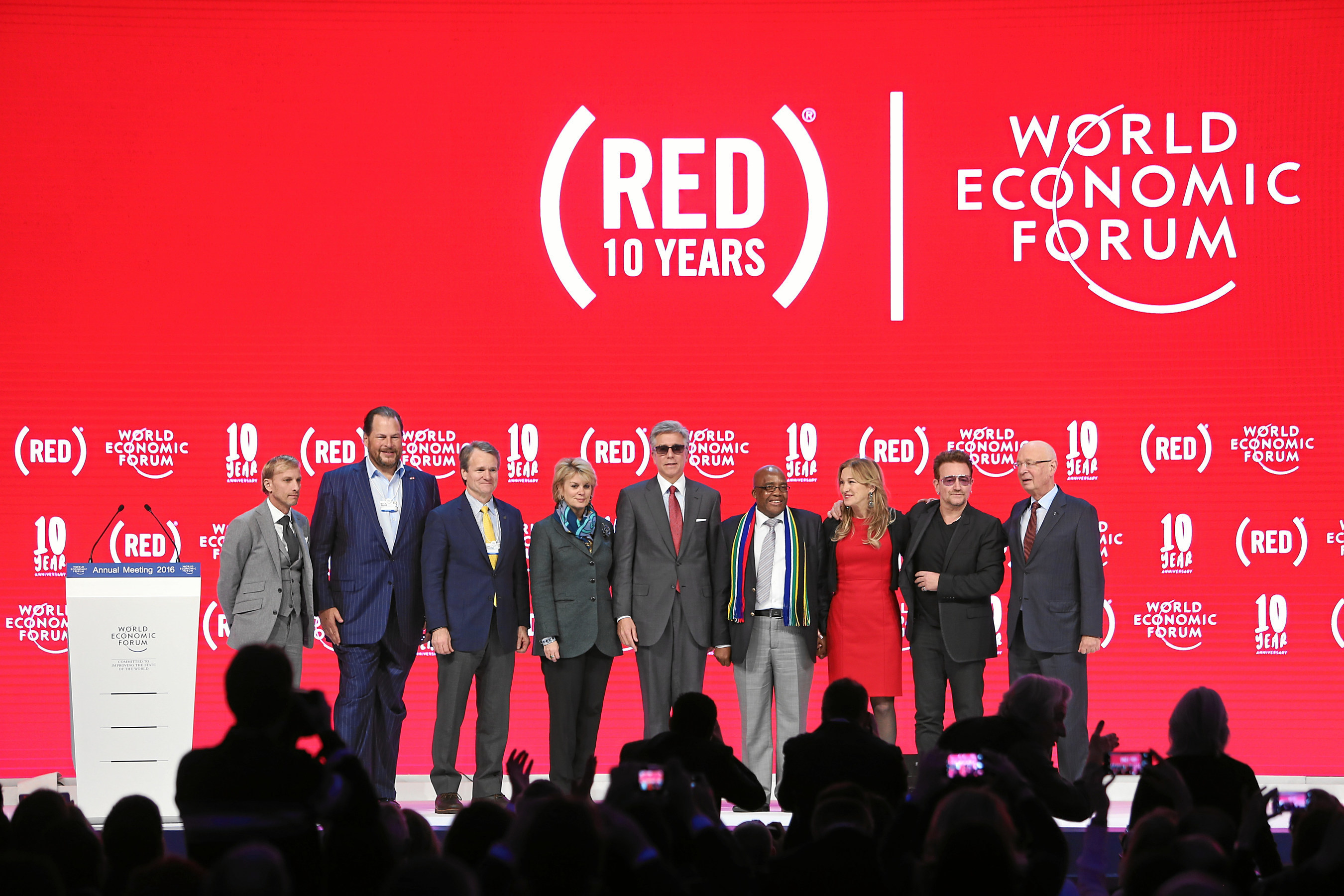 Marking 10 years of (RED) at the 2016 World Economic Forum: Mark Dybul, Executive Director, The Global Fund to Fight AIDS, Tuberculosis and Malaria, Marc Benioff, CEO, Salesforce, Brian Moynihan, Chairman and CEO, Bank of America, Anne Finucane, Vice Chair, Bank of America, Bill McDermott, CEO, SAP, Dr. Aaron Motsoaledi, Minister of Health, South Africa, Deborah Dugan, CEO, (RED), Bono, Klaus Schwab, Founder and Executive Chairman, World Economic Forum