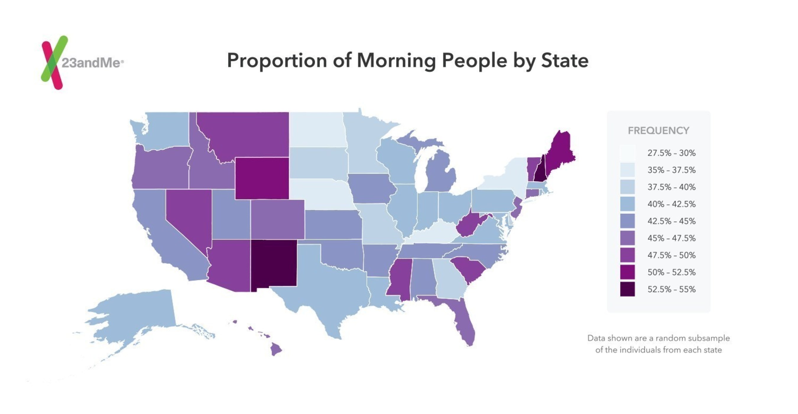 Proportion of morning people by state based on data from 23andMe (PRNewsFoto/23andMe, Inc.)