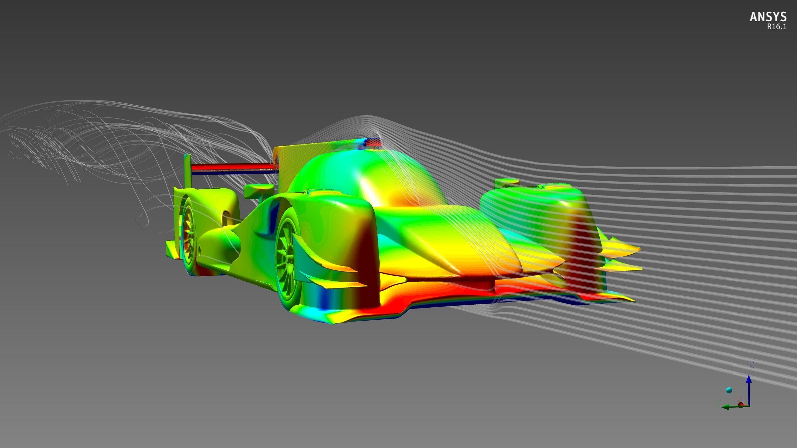 ORECA 05 in the high downforce configuration. ANSYS CFD simulation software displaying the pressure field on the body surface and virtual wind streamlines.