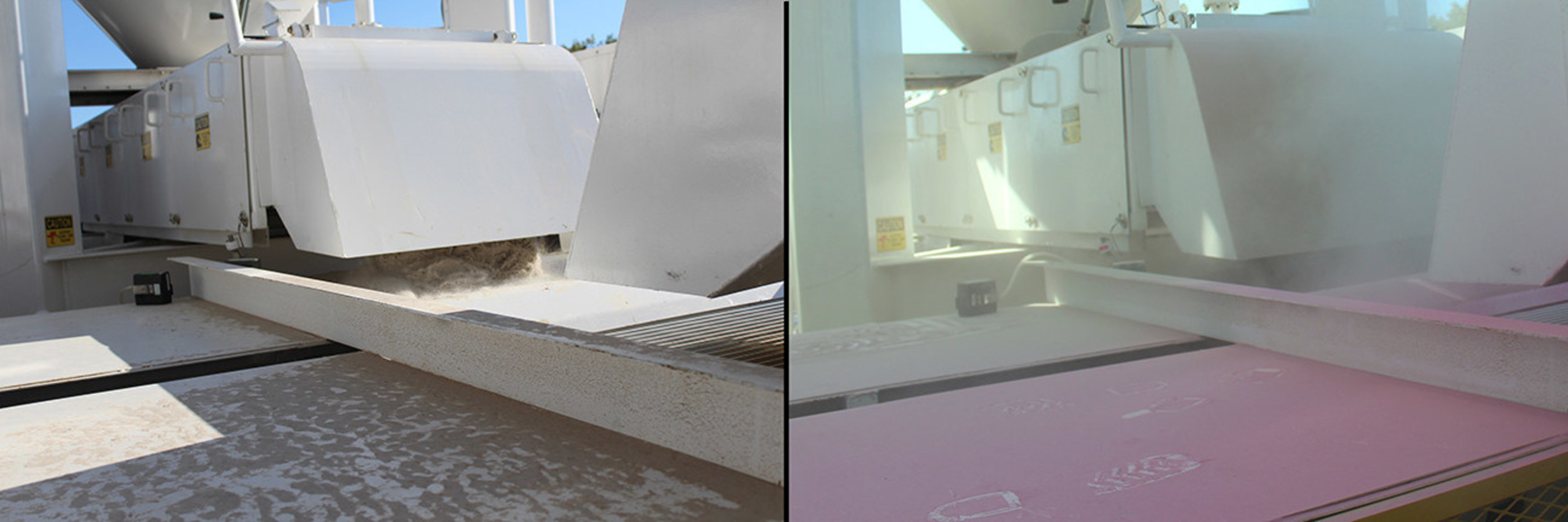 A side by side comparison of UNIFRAC(R) DUSTSHIELD(TM) proppant and non-coated proppant.