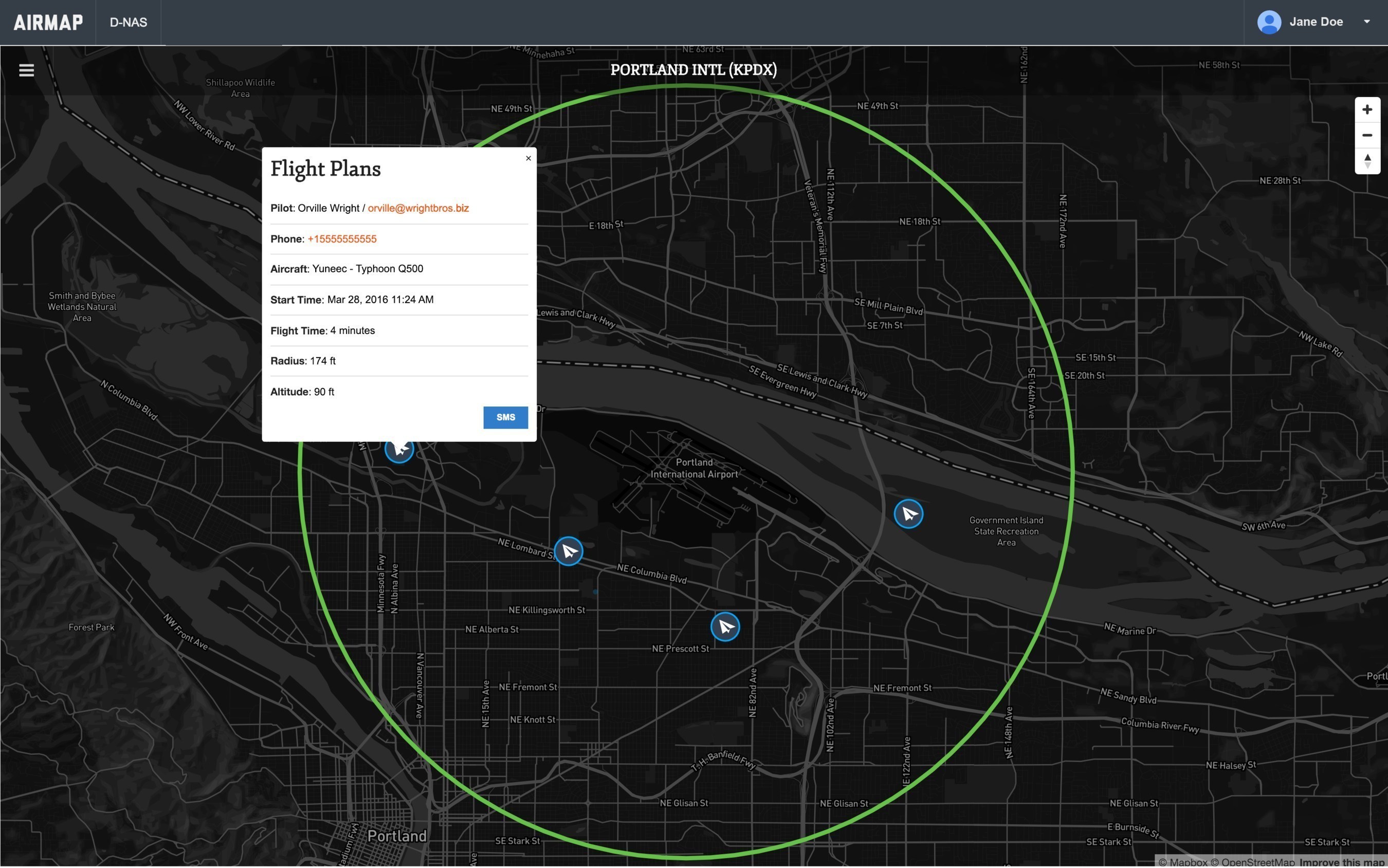 The AirMap Digital Notice and Awareness Dashboard(TM) map view.