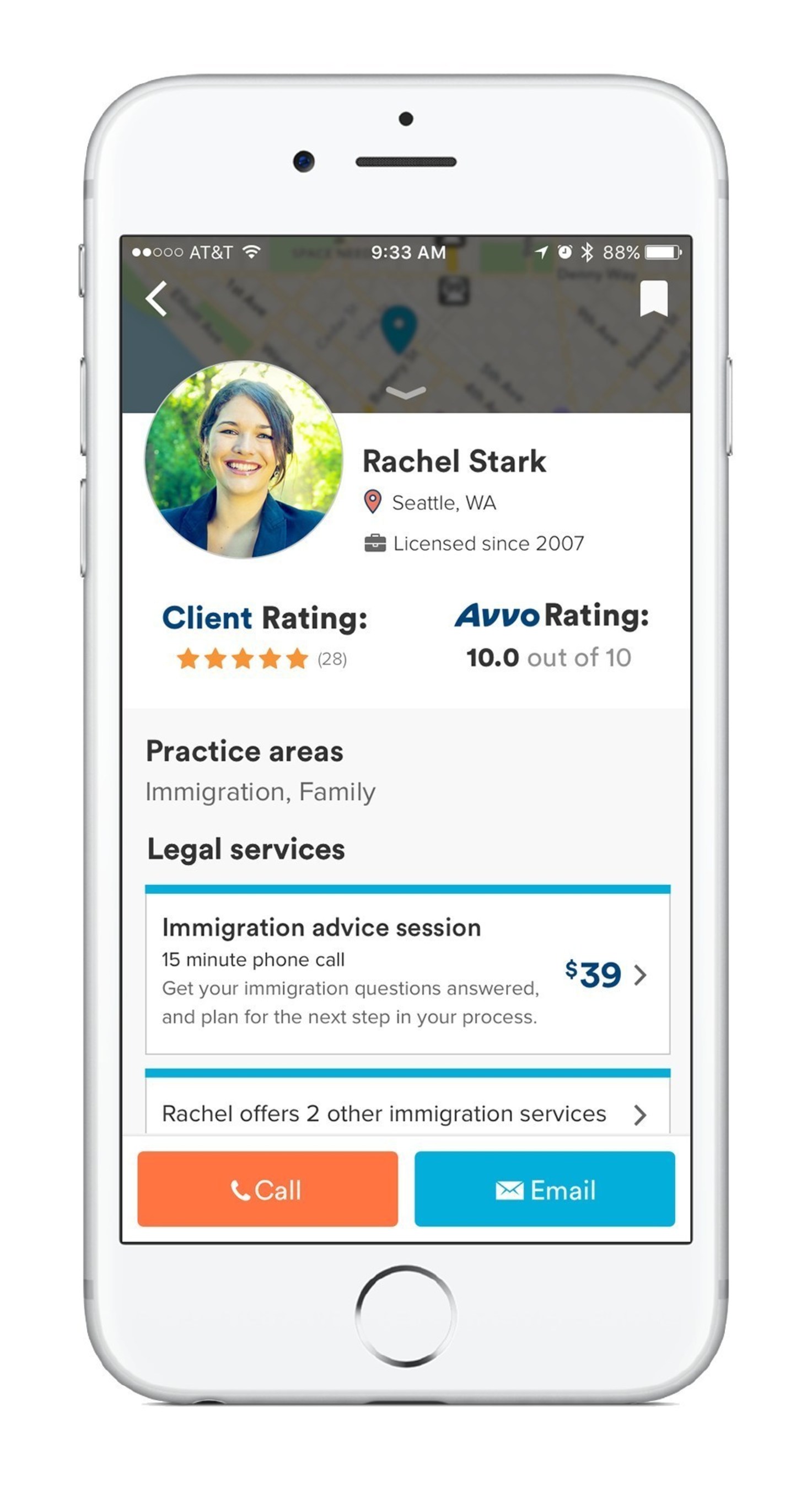 Avvo app with lawyer profiles, reviews, rating