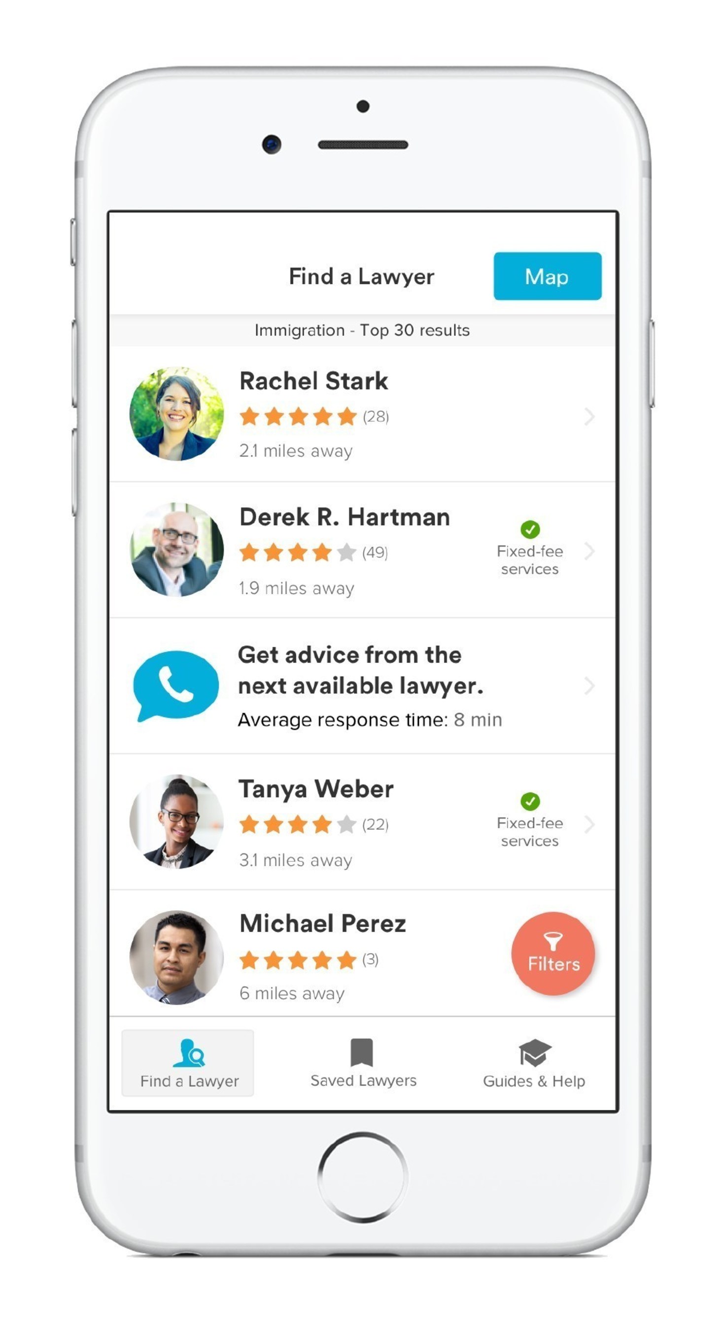 Avvo app with searchable lawyer profiles by location, practice area, consumer rating