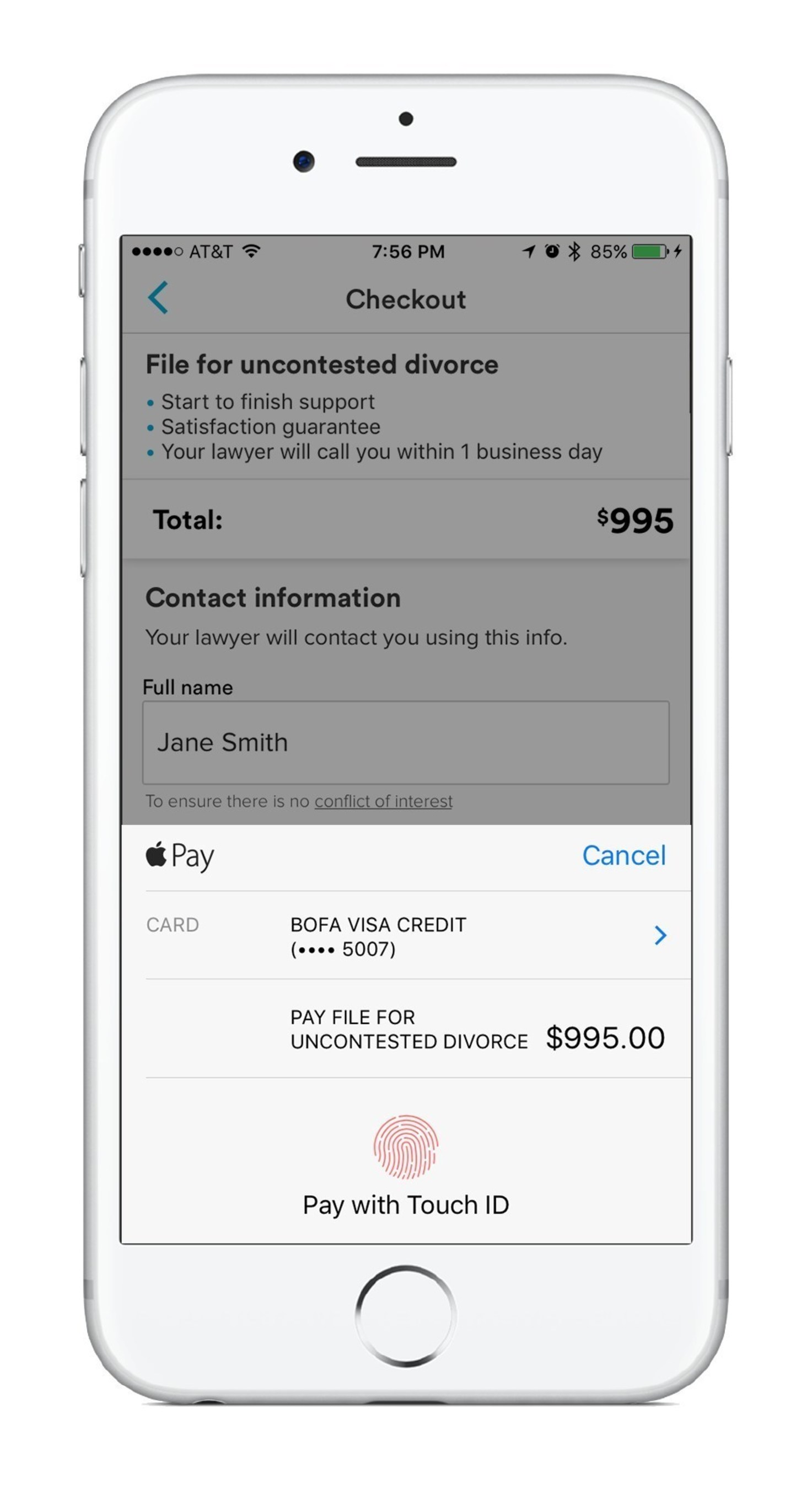 Avvo app with Apple Pay checkout for Avvo Legal Services
